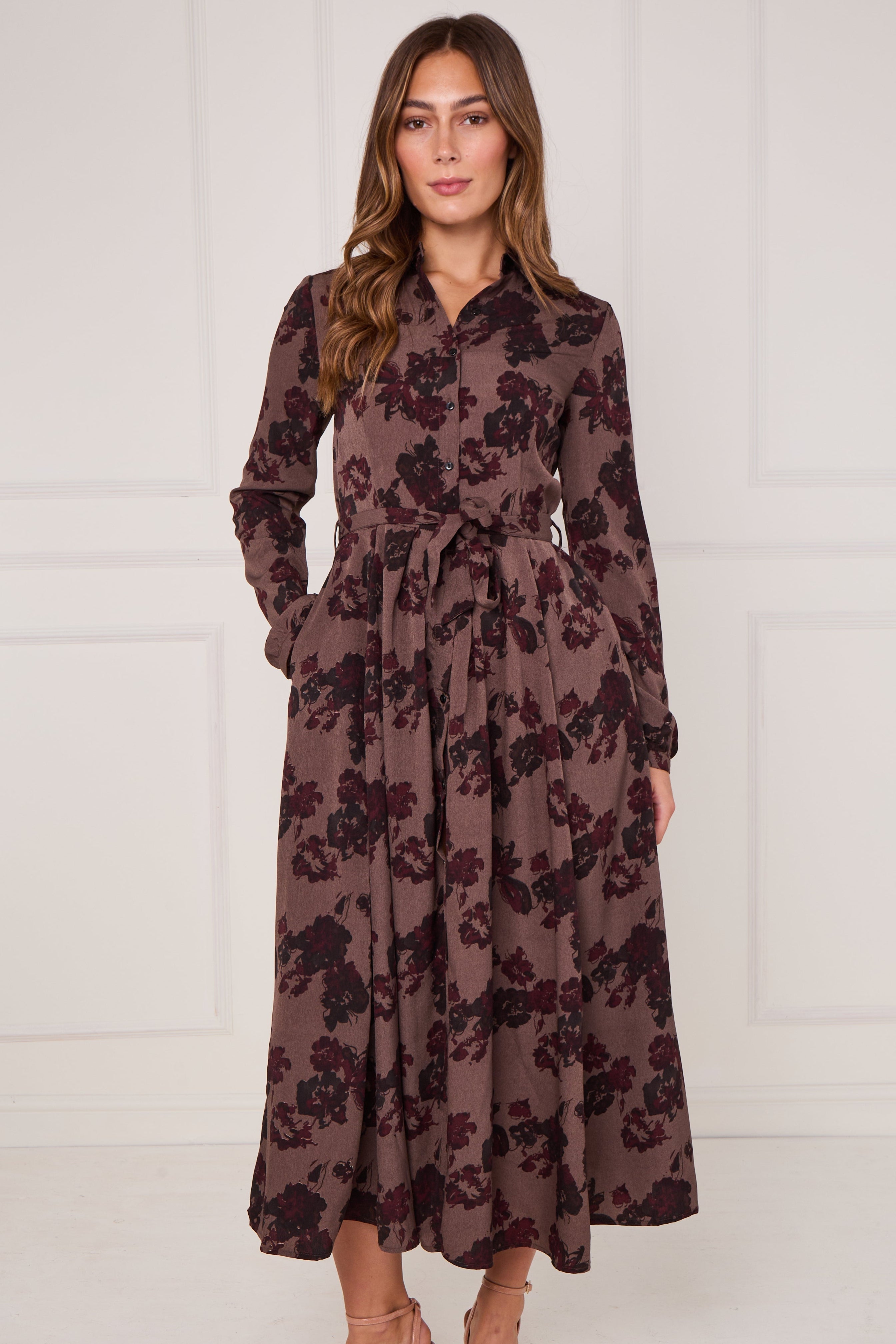 8Pcs Mocha Burgundy Ink Floral Maxi Shirt Dress