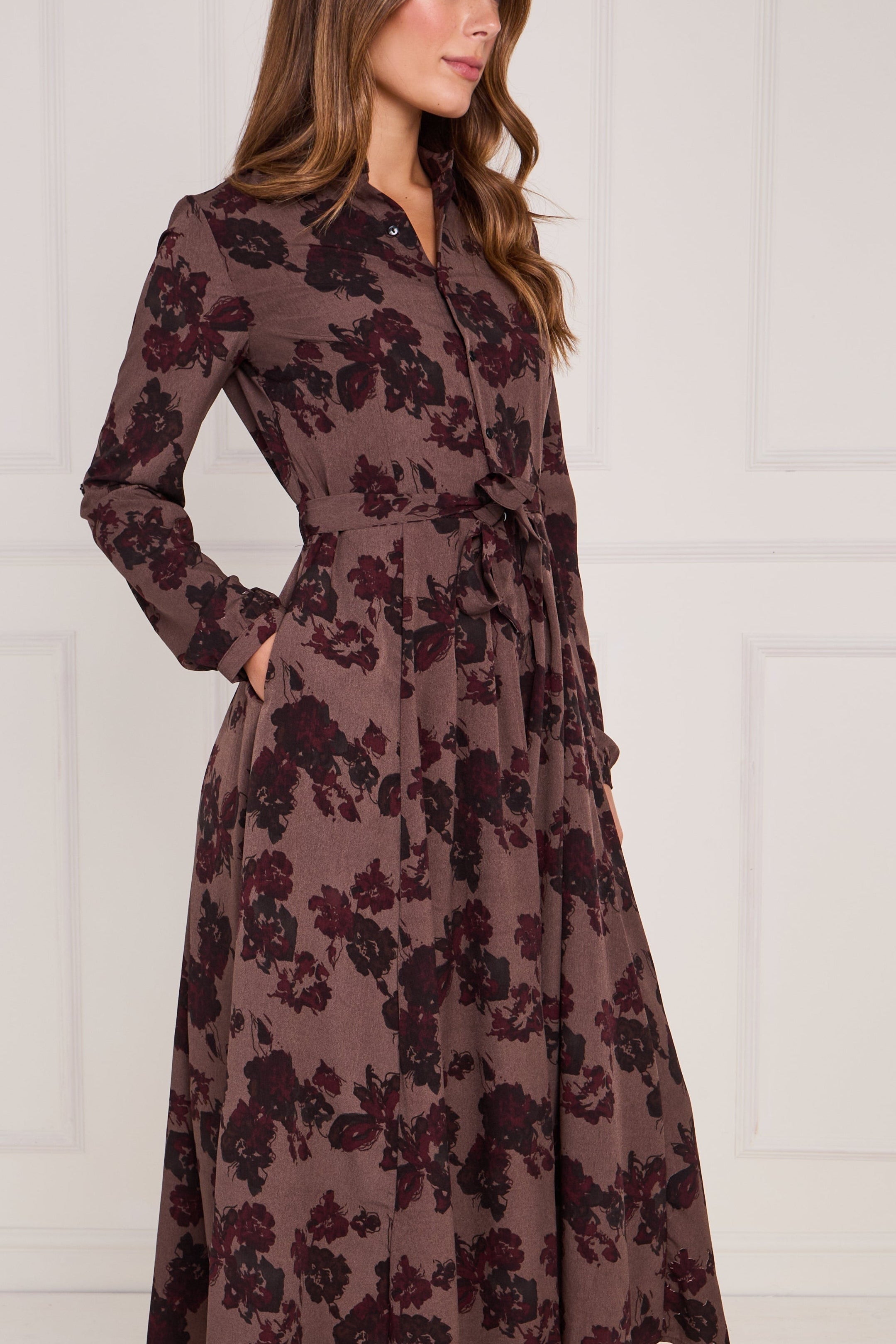 8Pcs Mocha Burgundy Ink Floral Maxi Shirt Dress