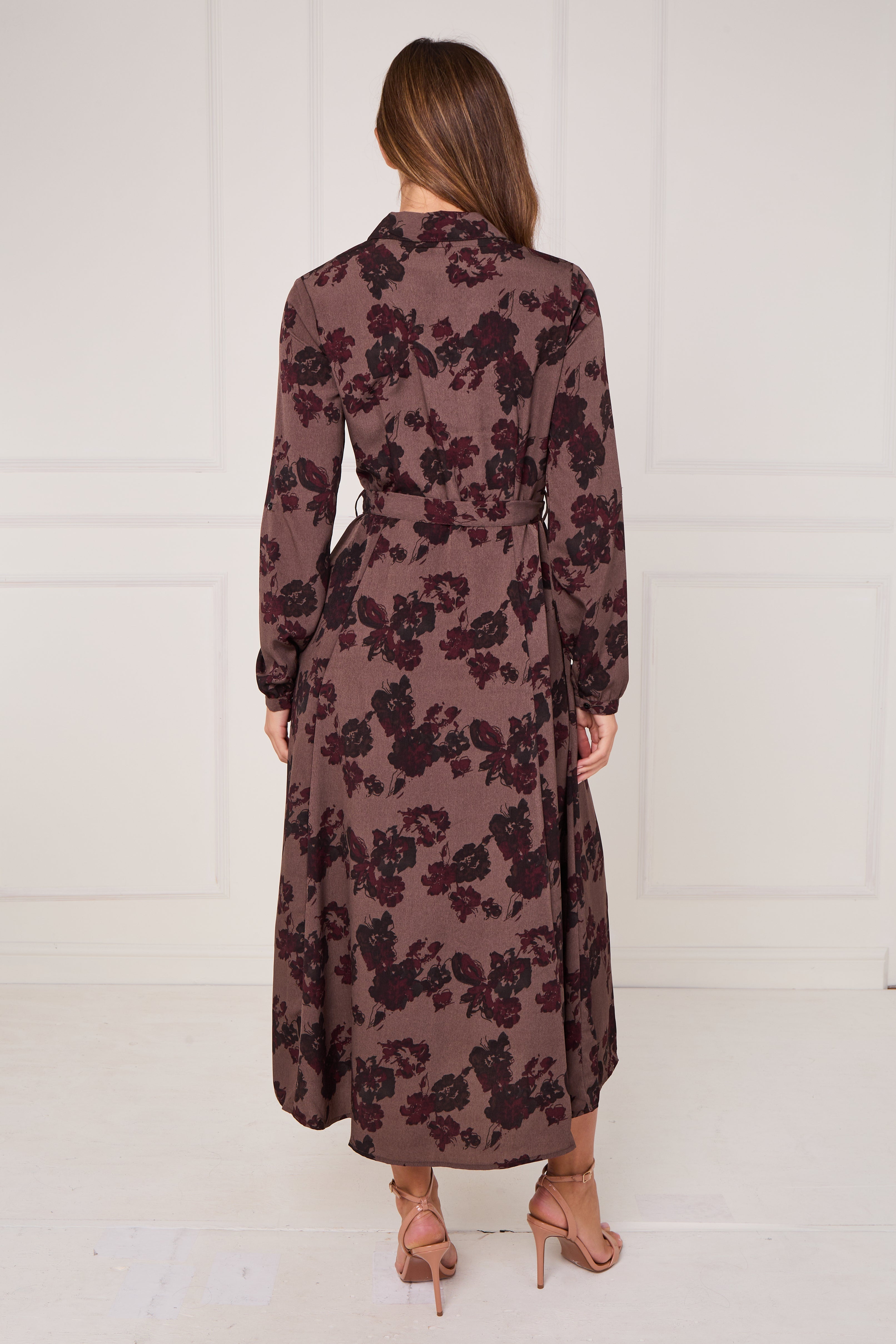 8Pcs Mocha Burgundy Ink Floral Maxi Shirt Dress