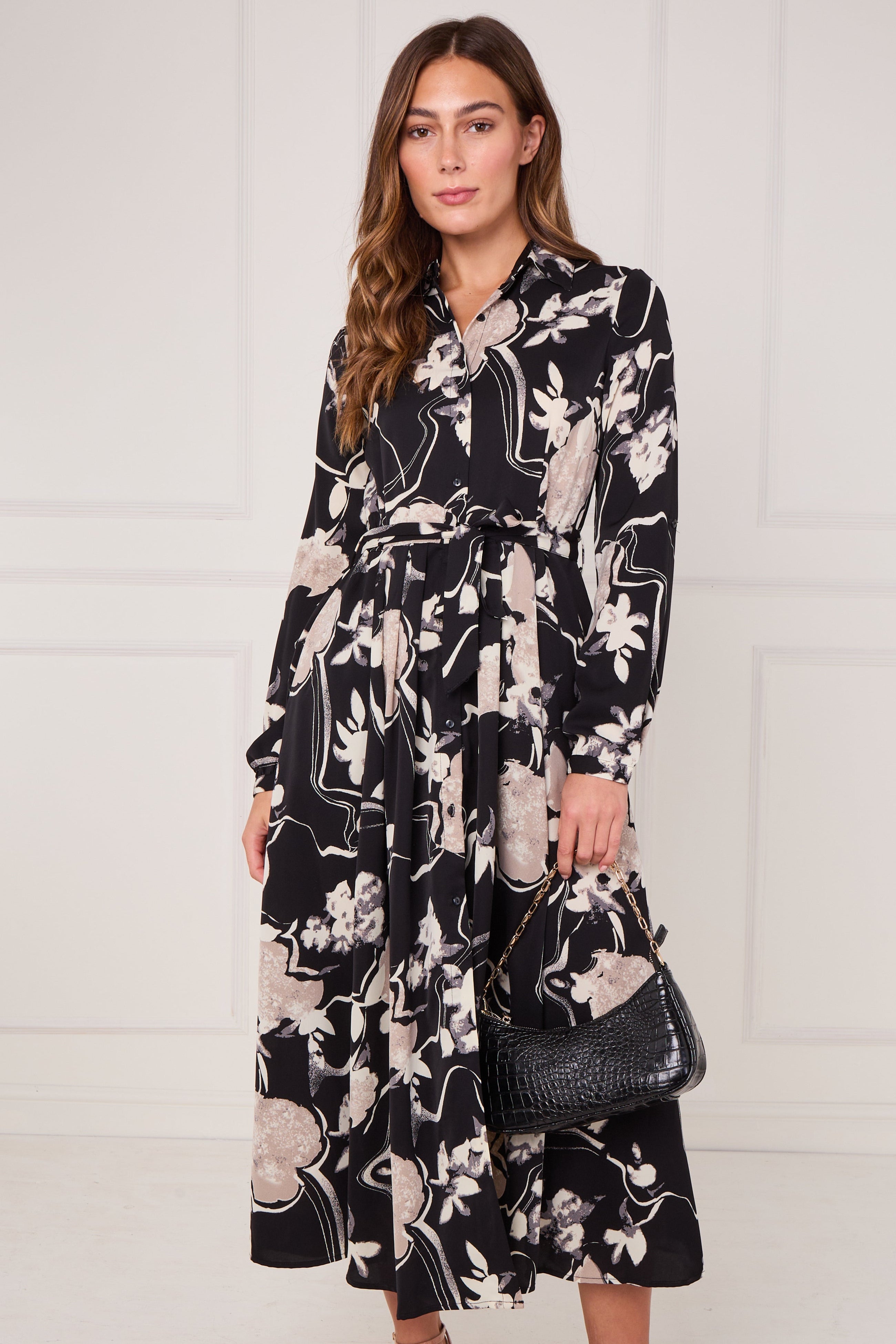 8Pcs Black and Stone Abstract Floral Print Maxi Shirt Dress