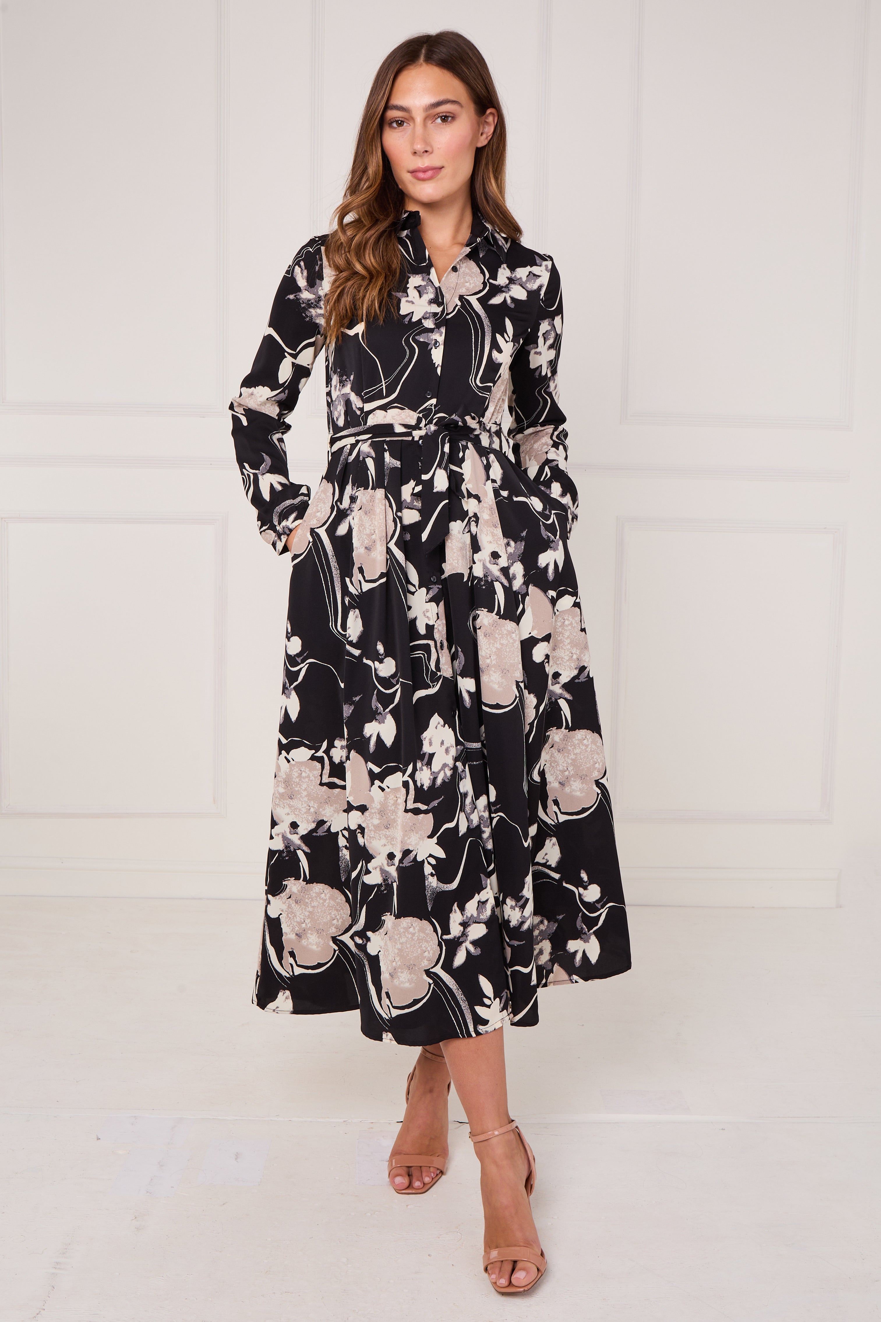 8Pcs Black and Stone Abstract Floral Print Maxi Shirt Dress