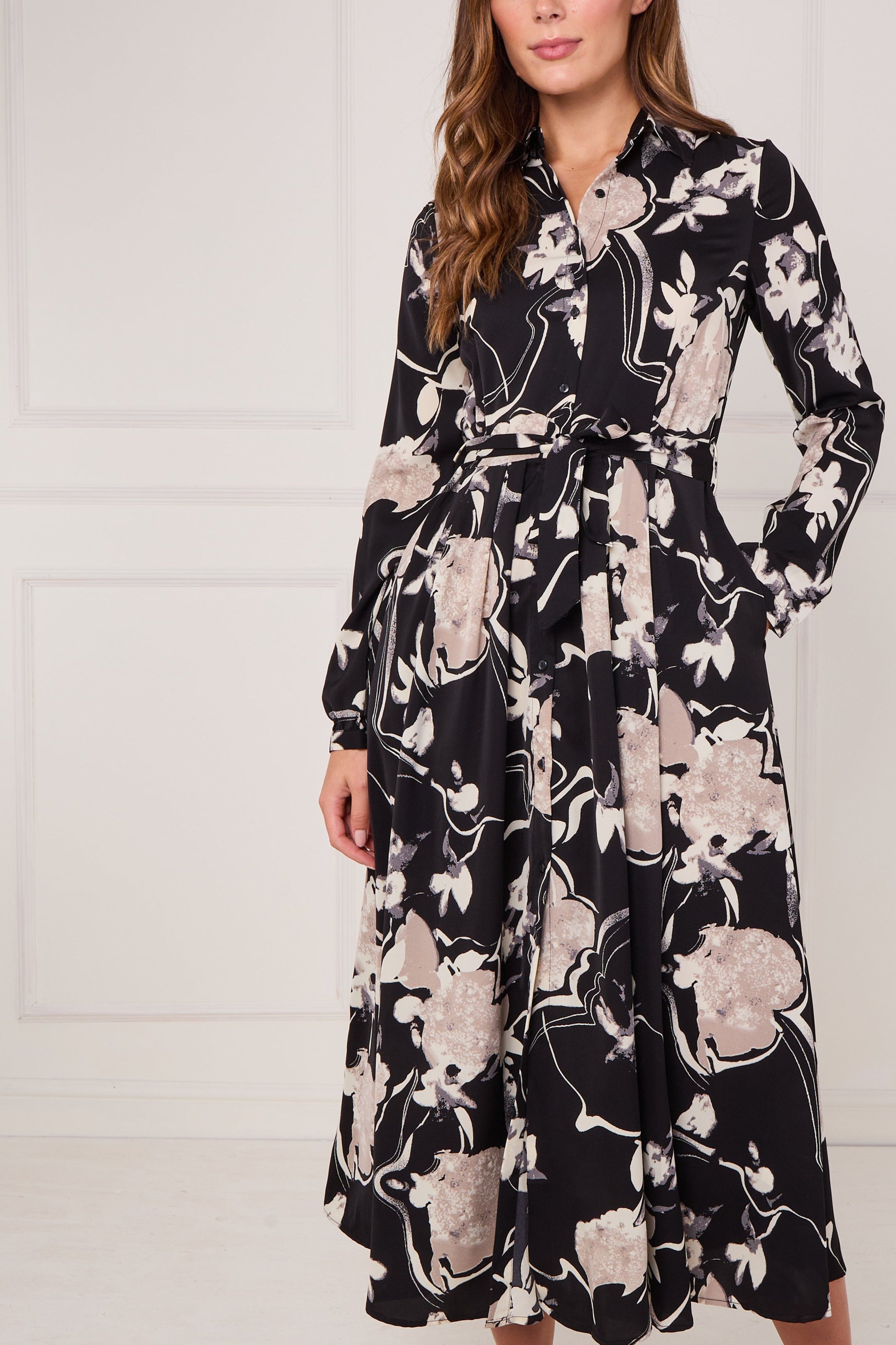 8Pcs Black and Stone Abstract Floral Print Maxi Shirt Dress