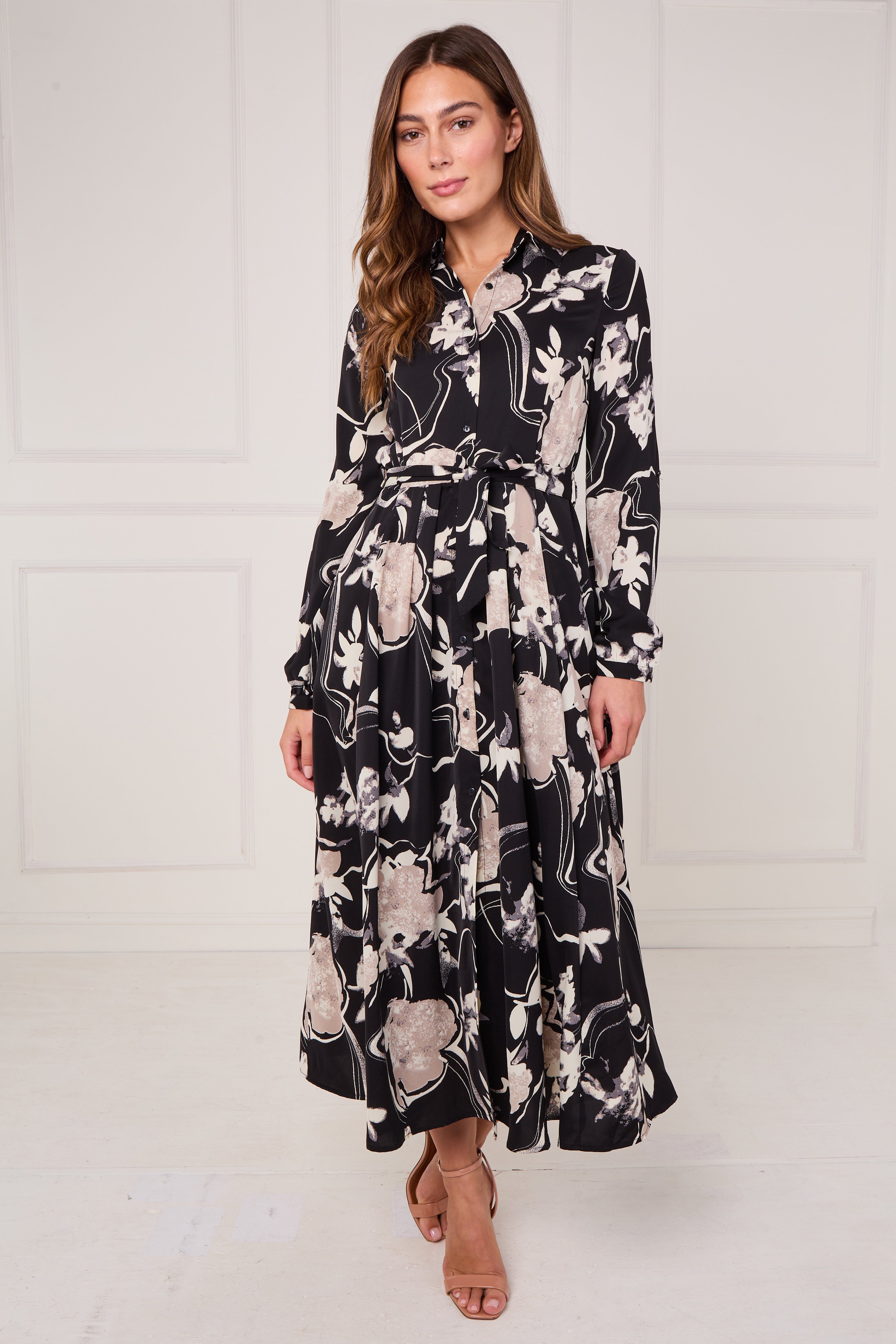 8Pcs Black and Stone Abstract Floral Print Maxi Shirt Dress