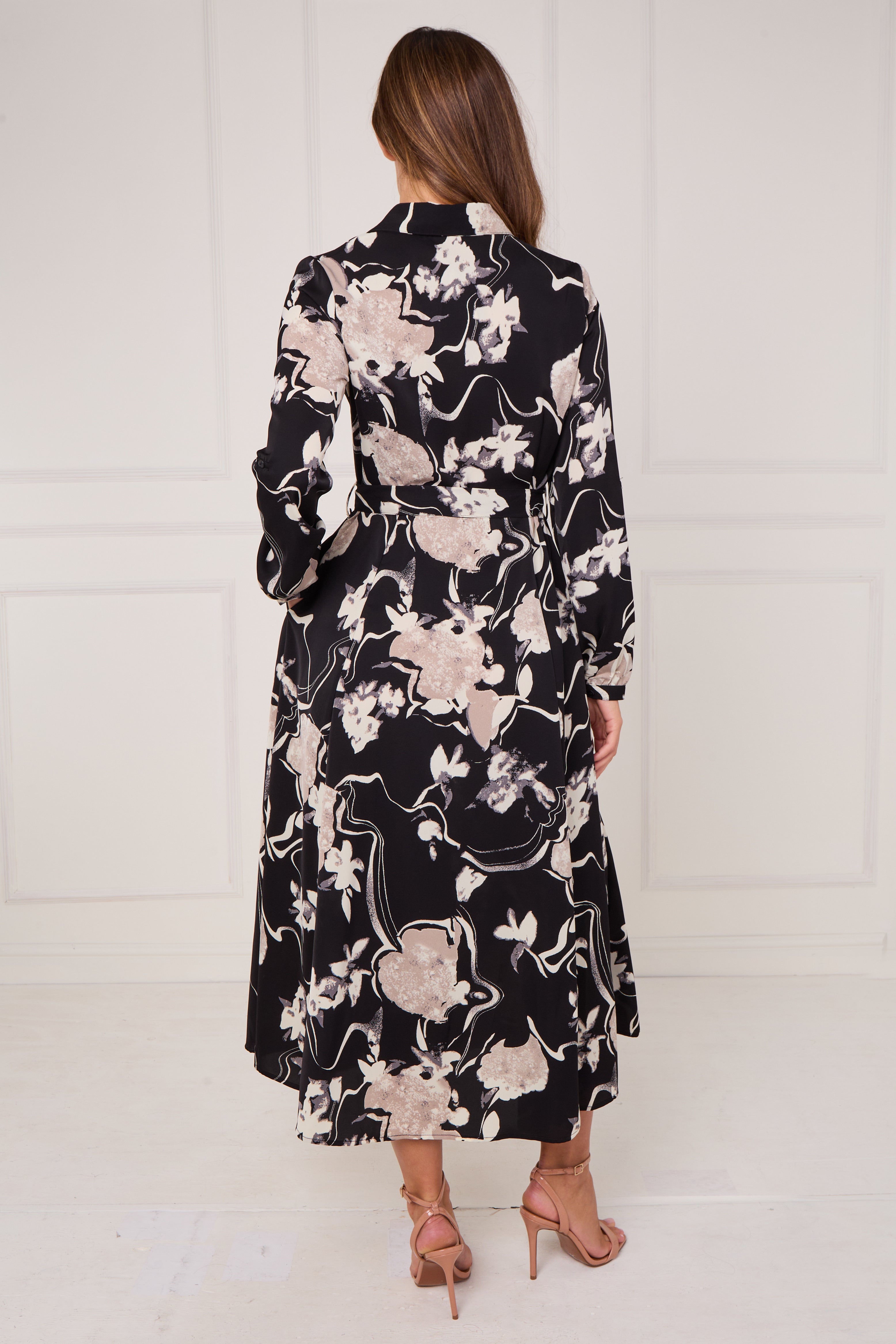 8Pcs Black and Stone Abstract Floral Print Maxi Shirt Dress