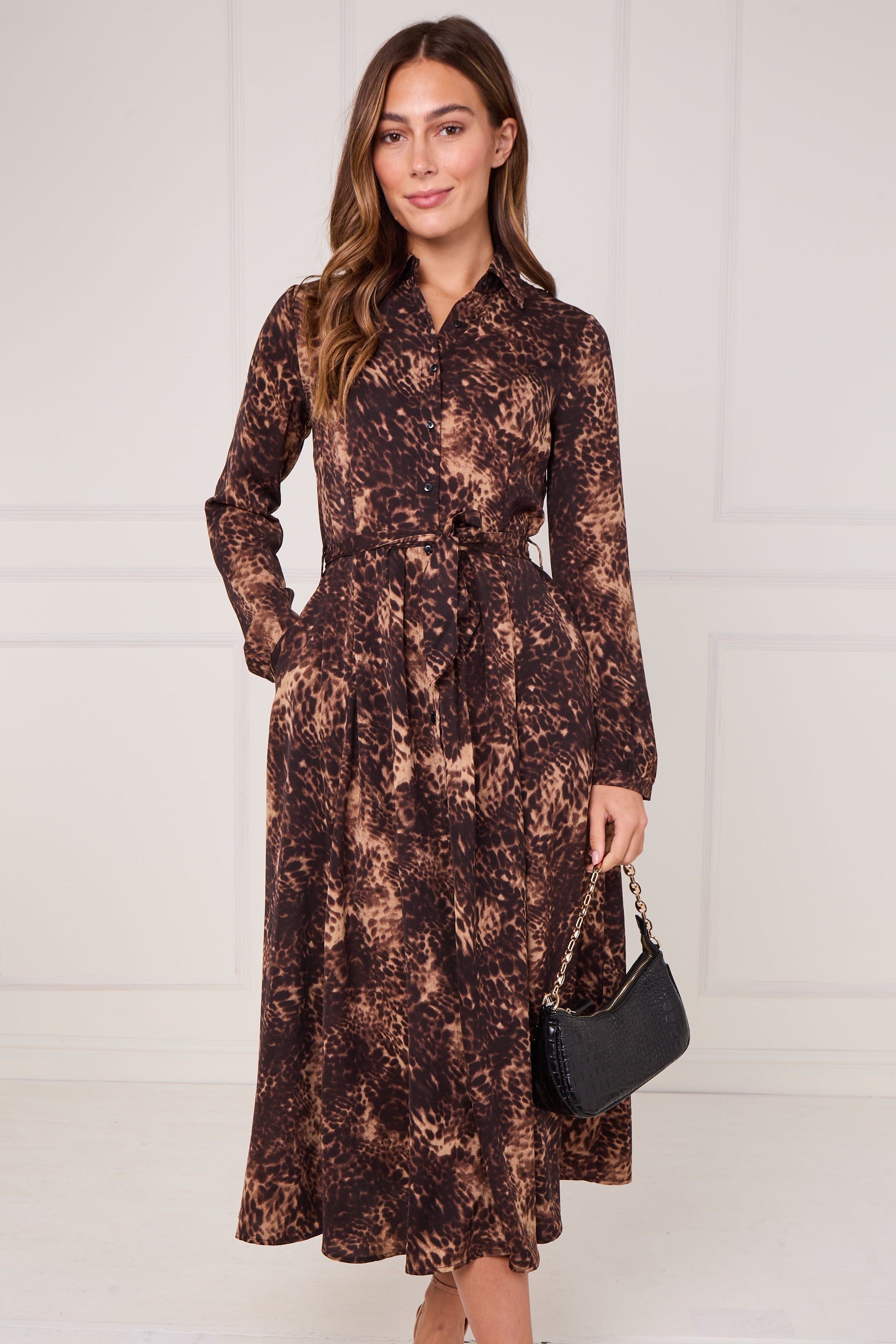 8pcs Brown Leopard Print Midaxi Shirt Dress
