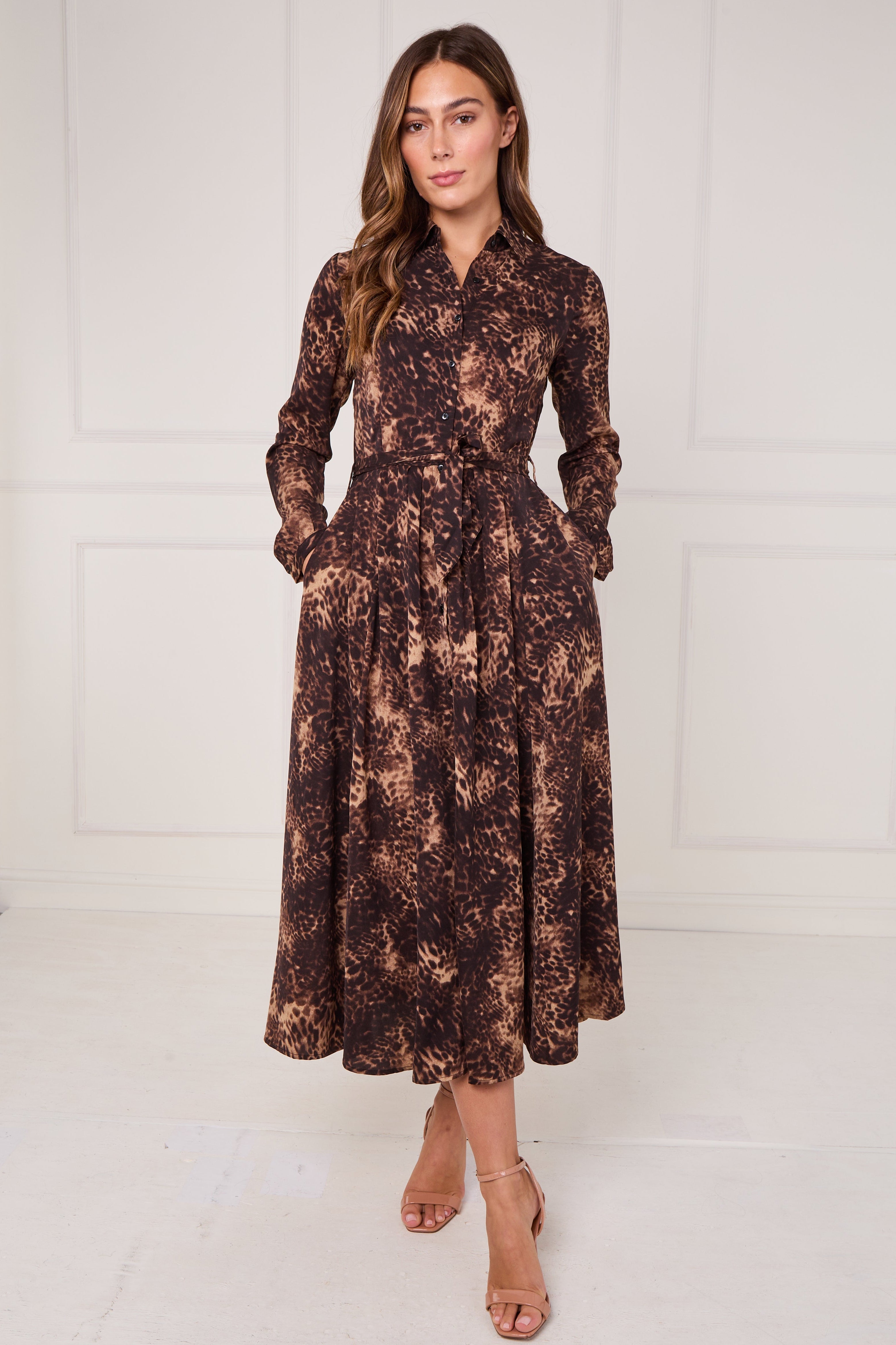 8pcs Brown Leopard Print Midaxi Shirt Dress