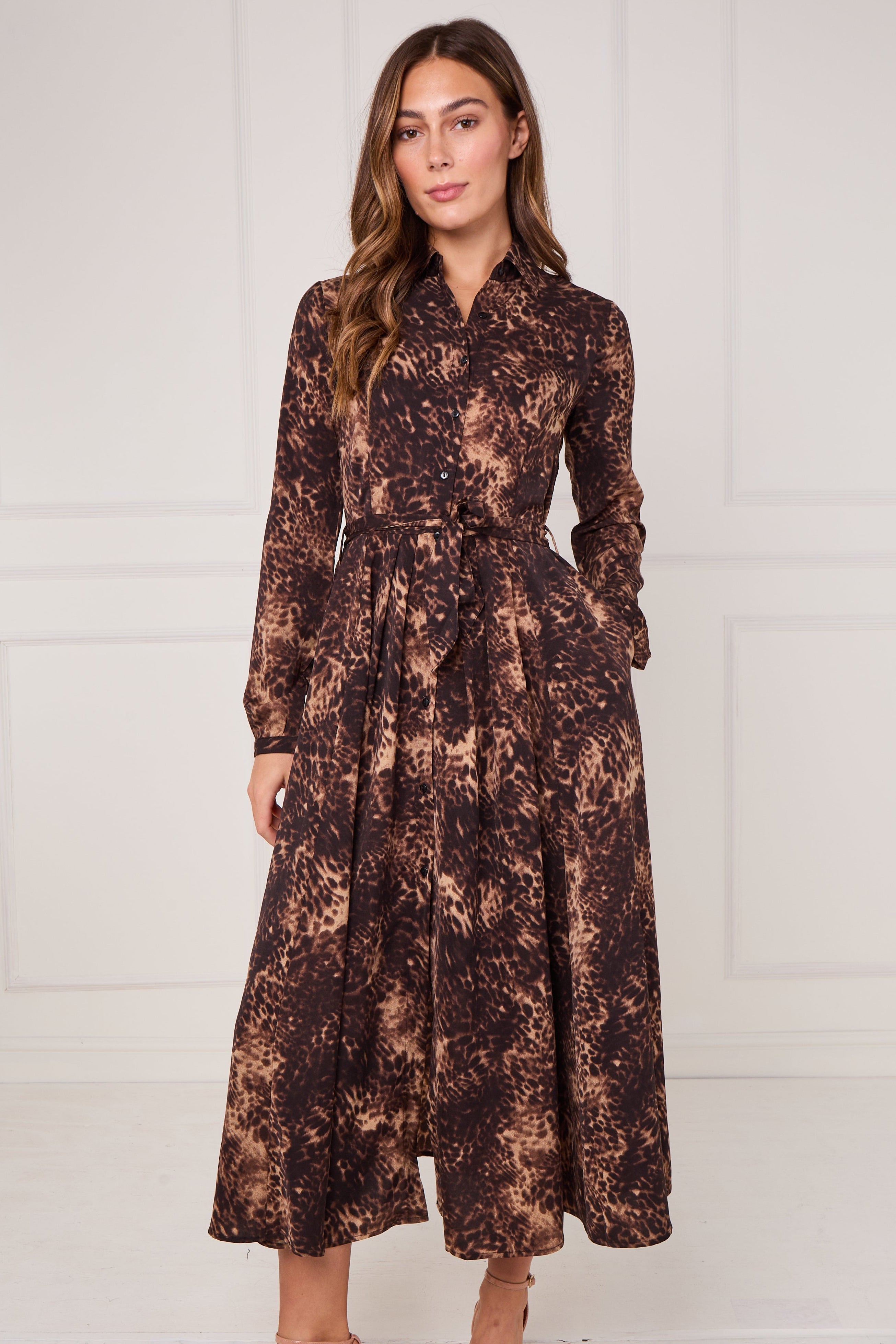 8pcs Brown Leopard Print Midaxi Shirt Dress