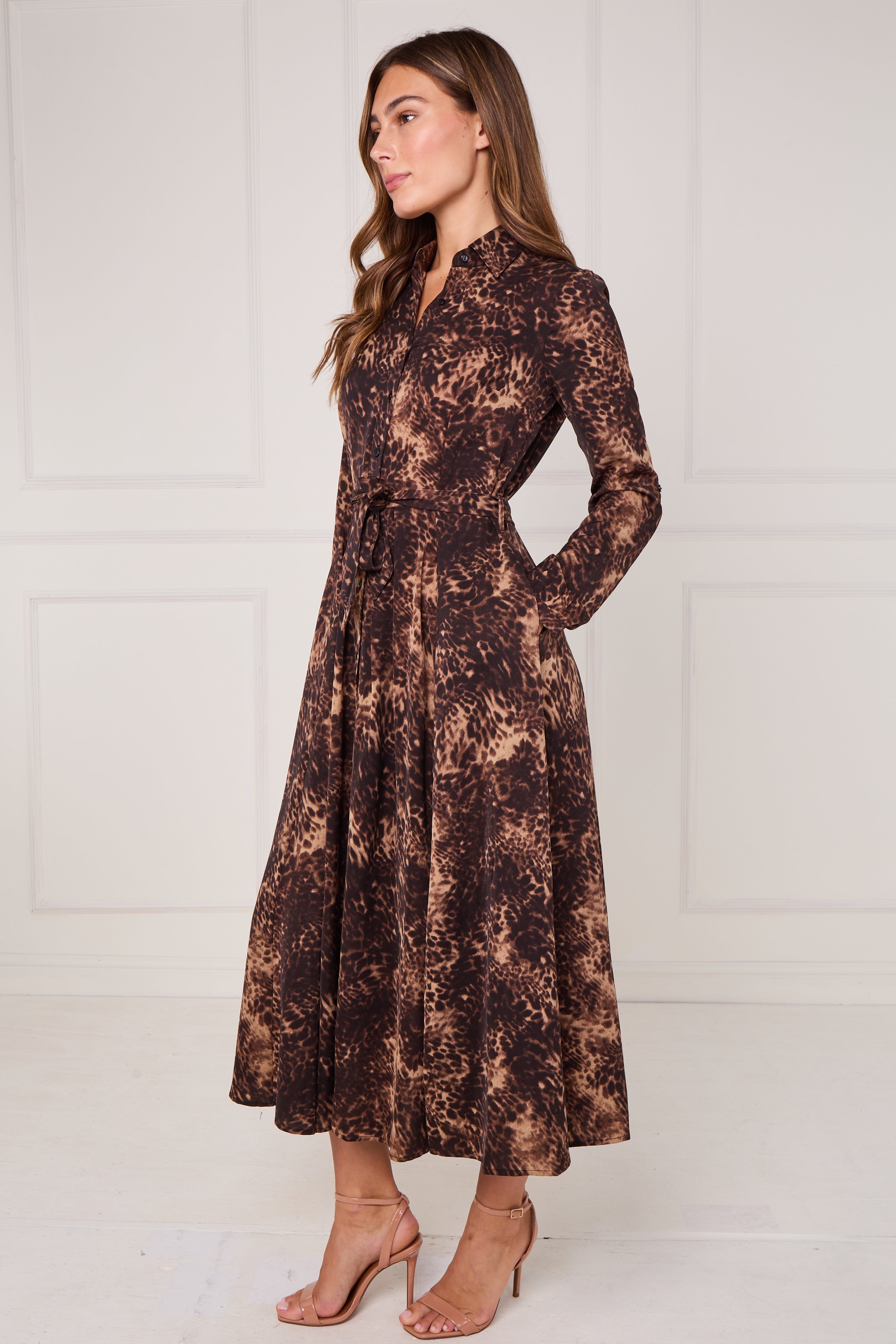 8pcs Brown Leopard Print Midaxi Shirt Dress