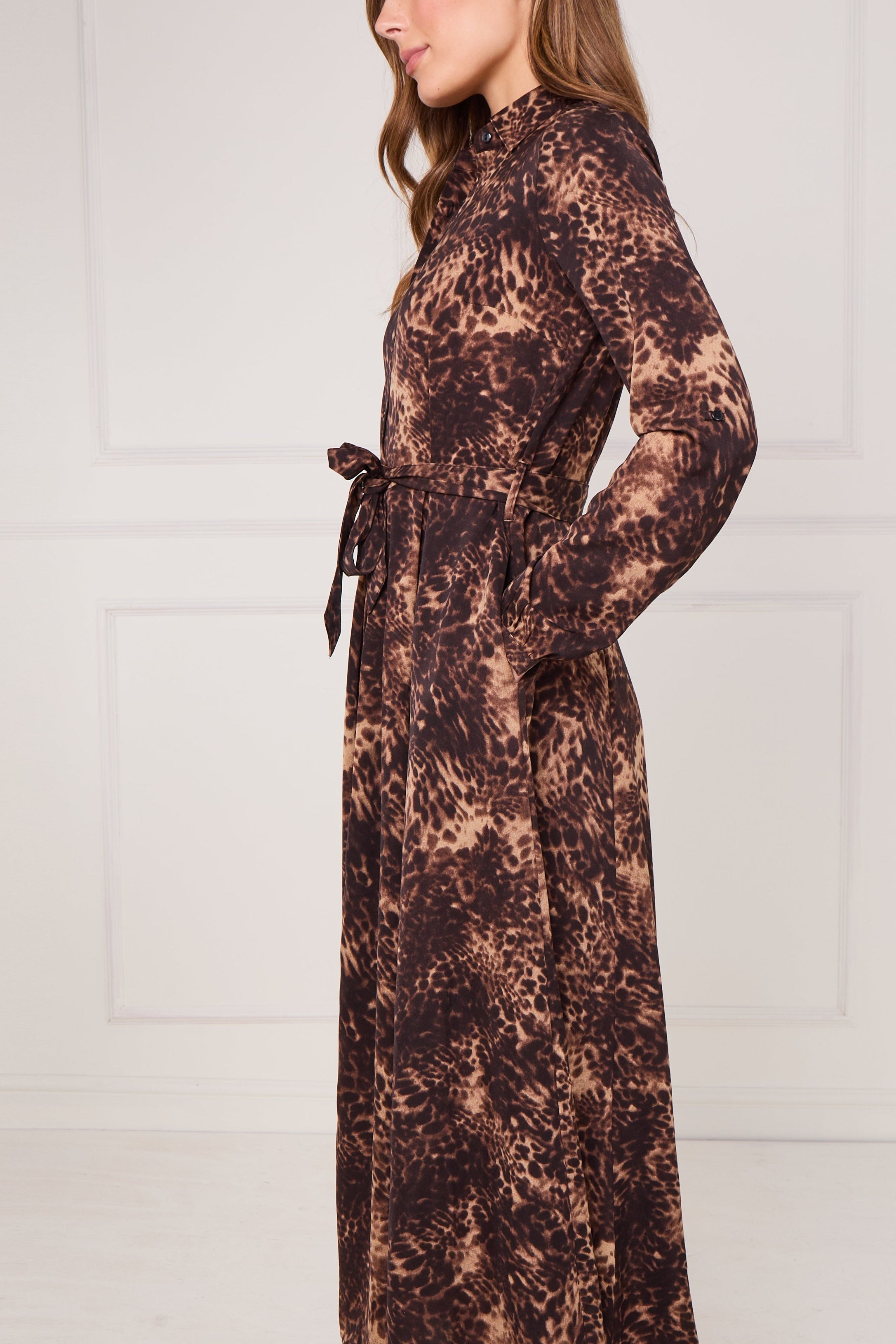 8pcs Brown Leopard Print Midaxi Shirt Dress