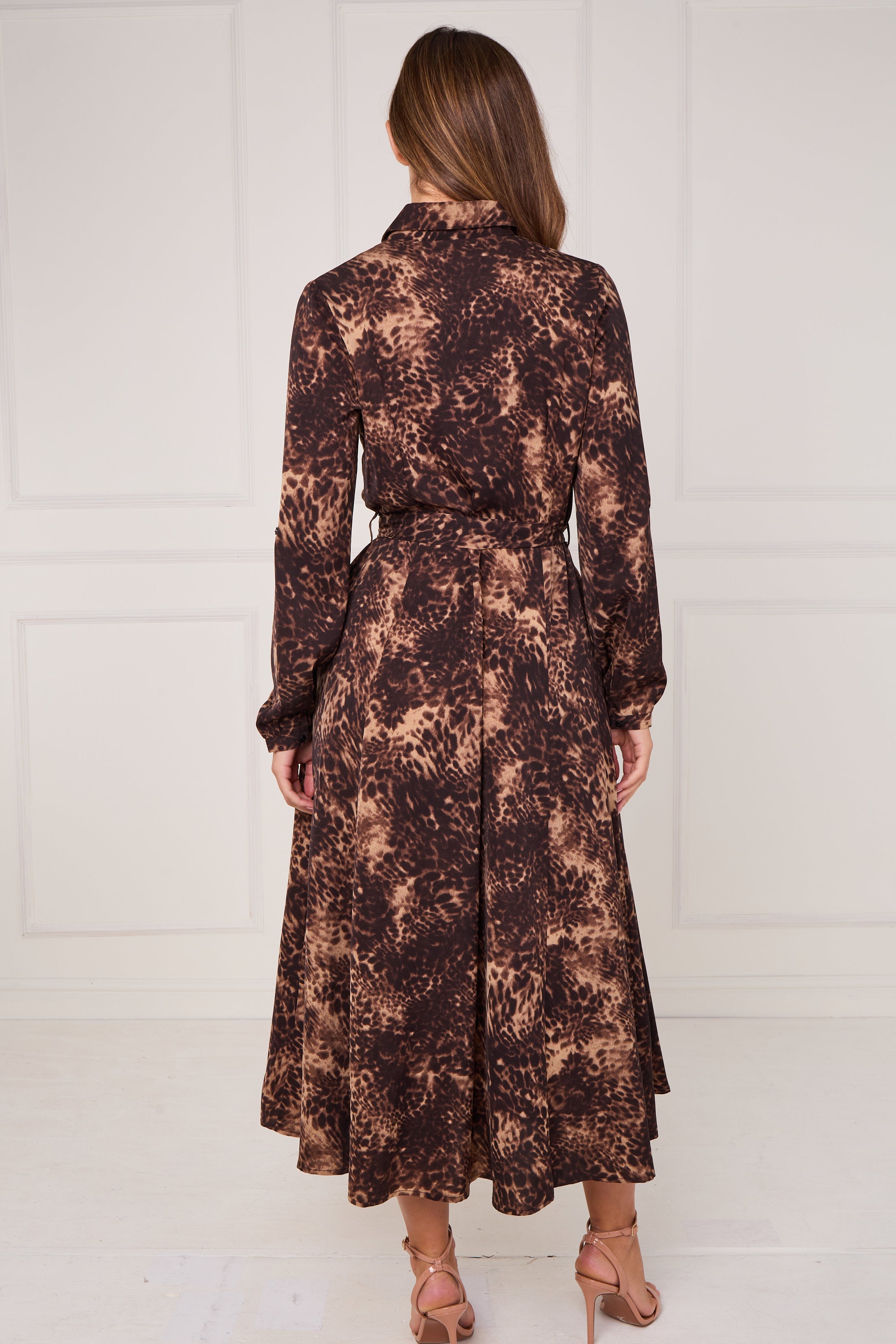 8pcs Brown Leopard Print Midaxi Shirt Dress