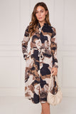 8Pcs Earthtone Abstract Flow Print Midi Shirt Dress