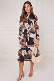 8Pcs Earthtone Abstract Flow Print Midi Shirt Dress