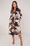 8Pcs Earthtone Abstract Flow Print Midi Shirt Dress
