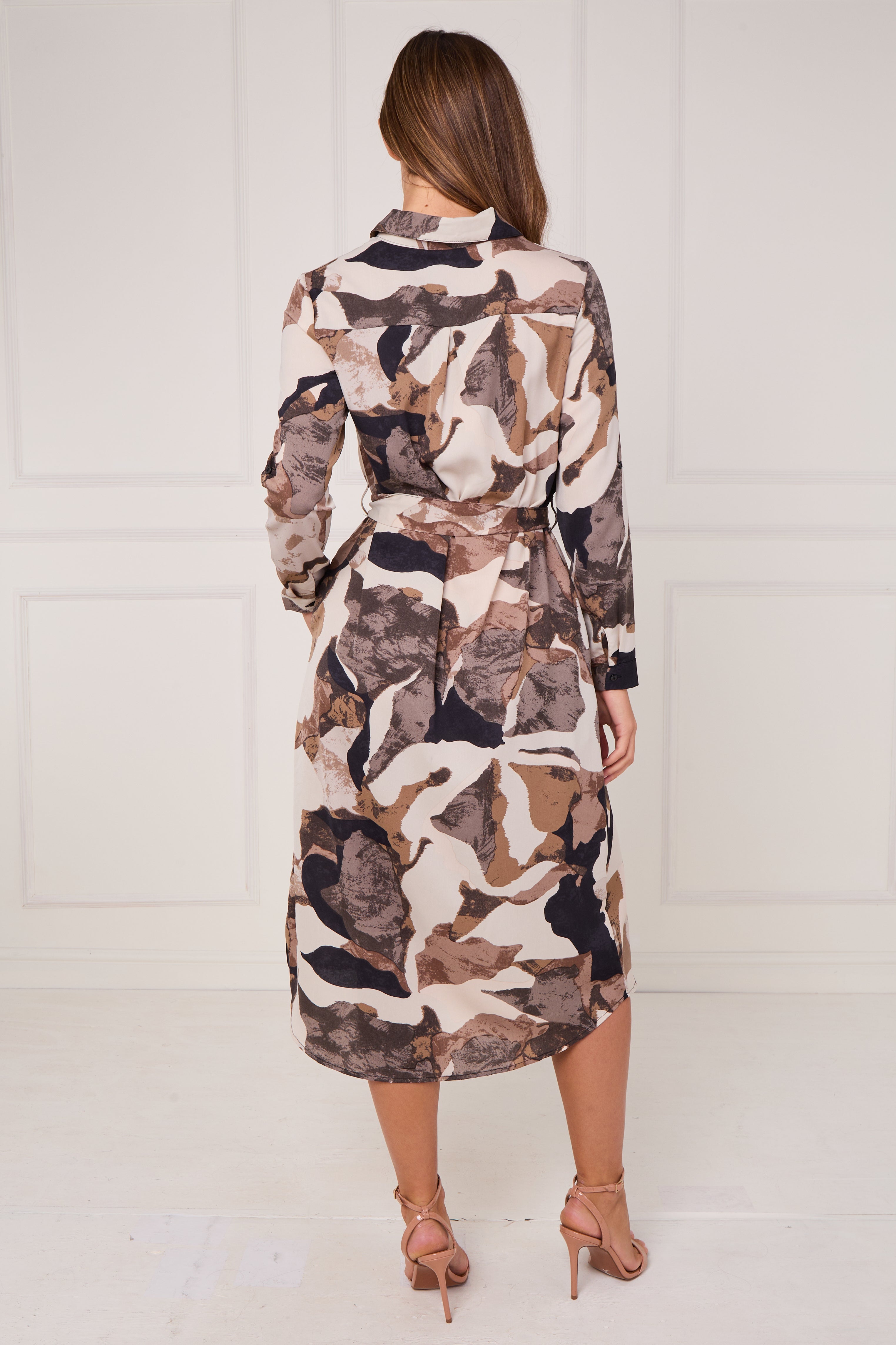 8Pcs Earthtone Abstract Flow Print Midi Shirt Dress