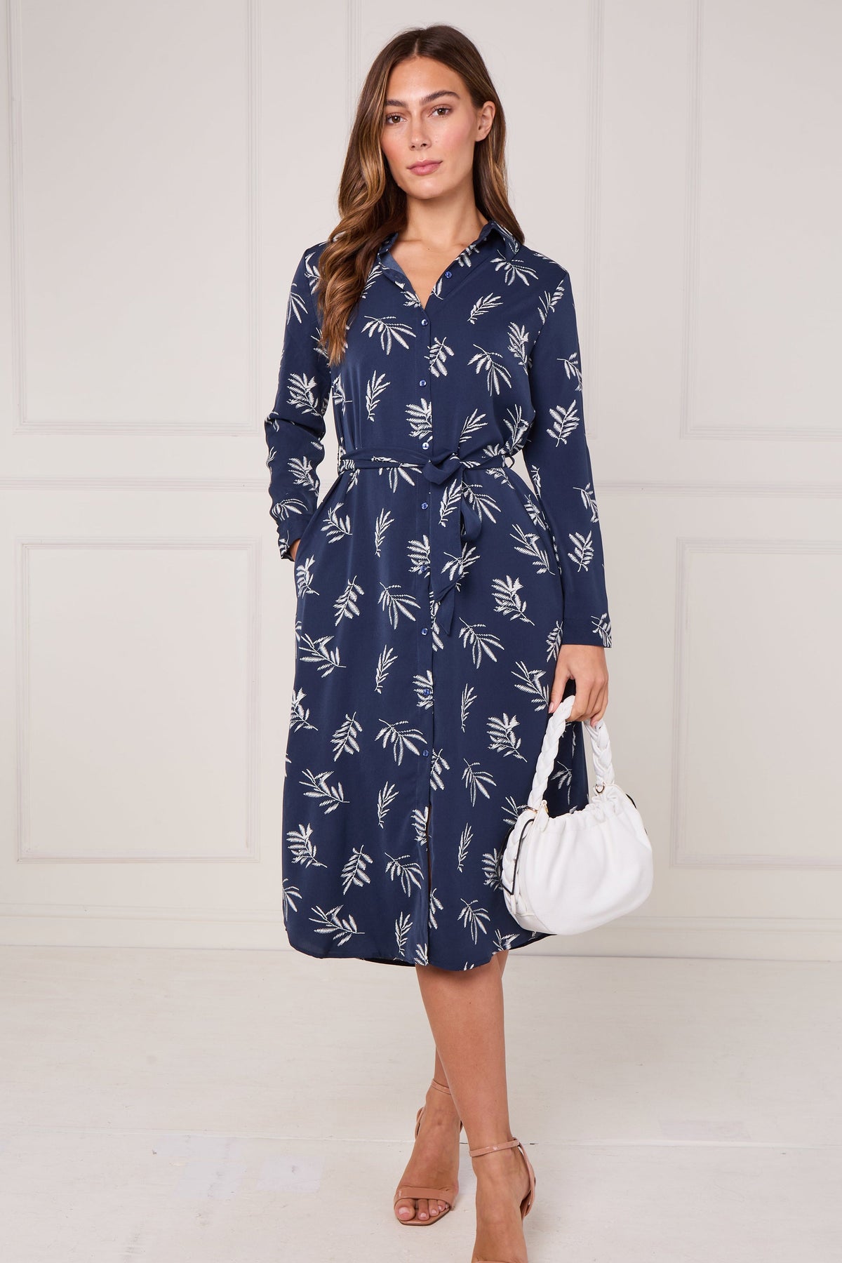 8Pcs Navy Stitched Leaf Print Midi Shirt Dress