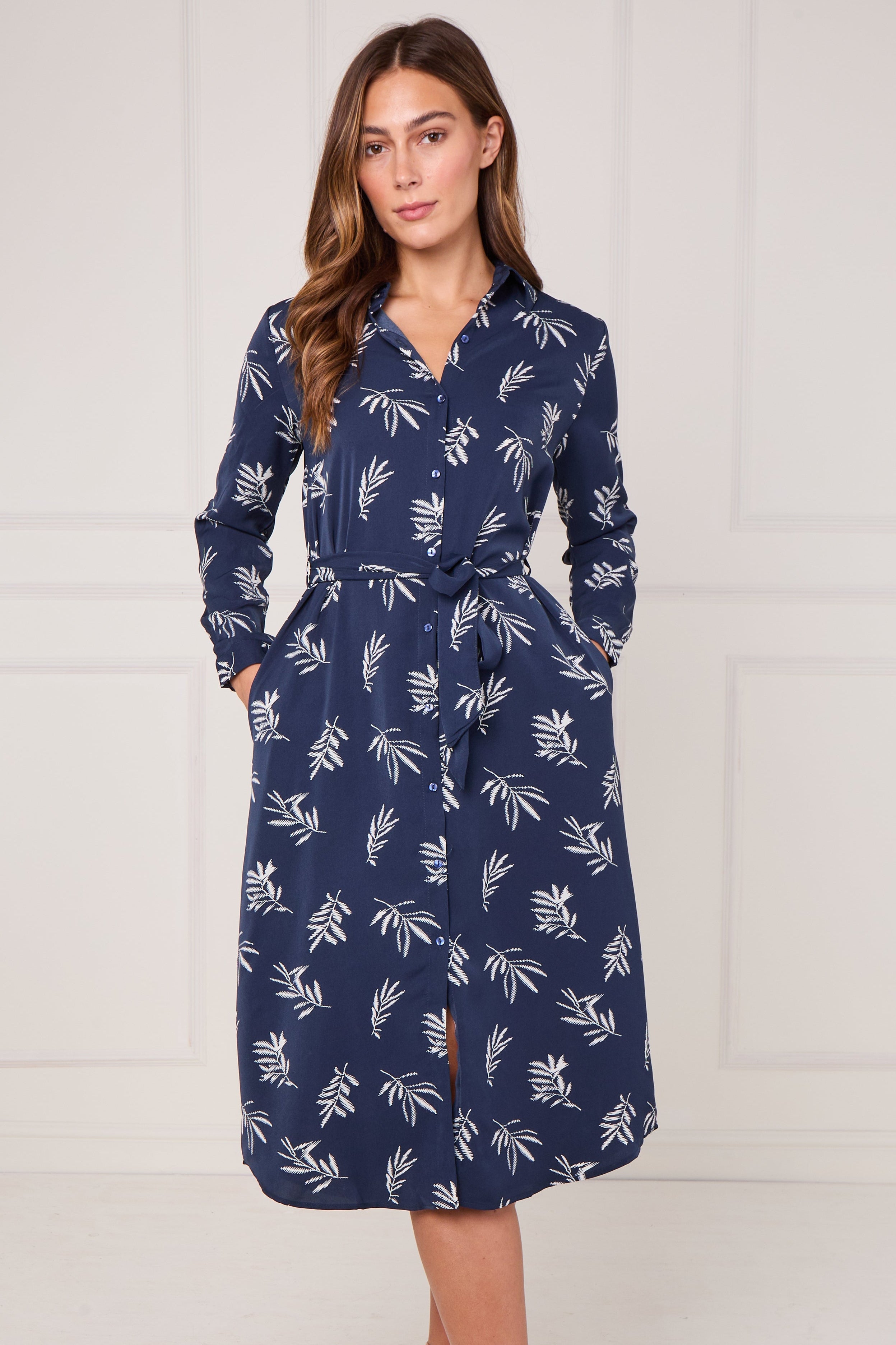8Pcs Navy Stitched Leaf Print Midi Shirt Dress