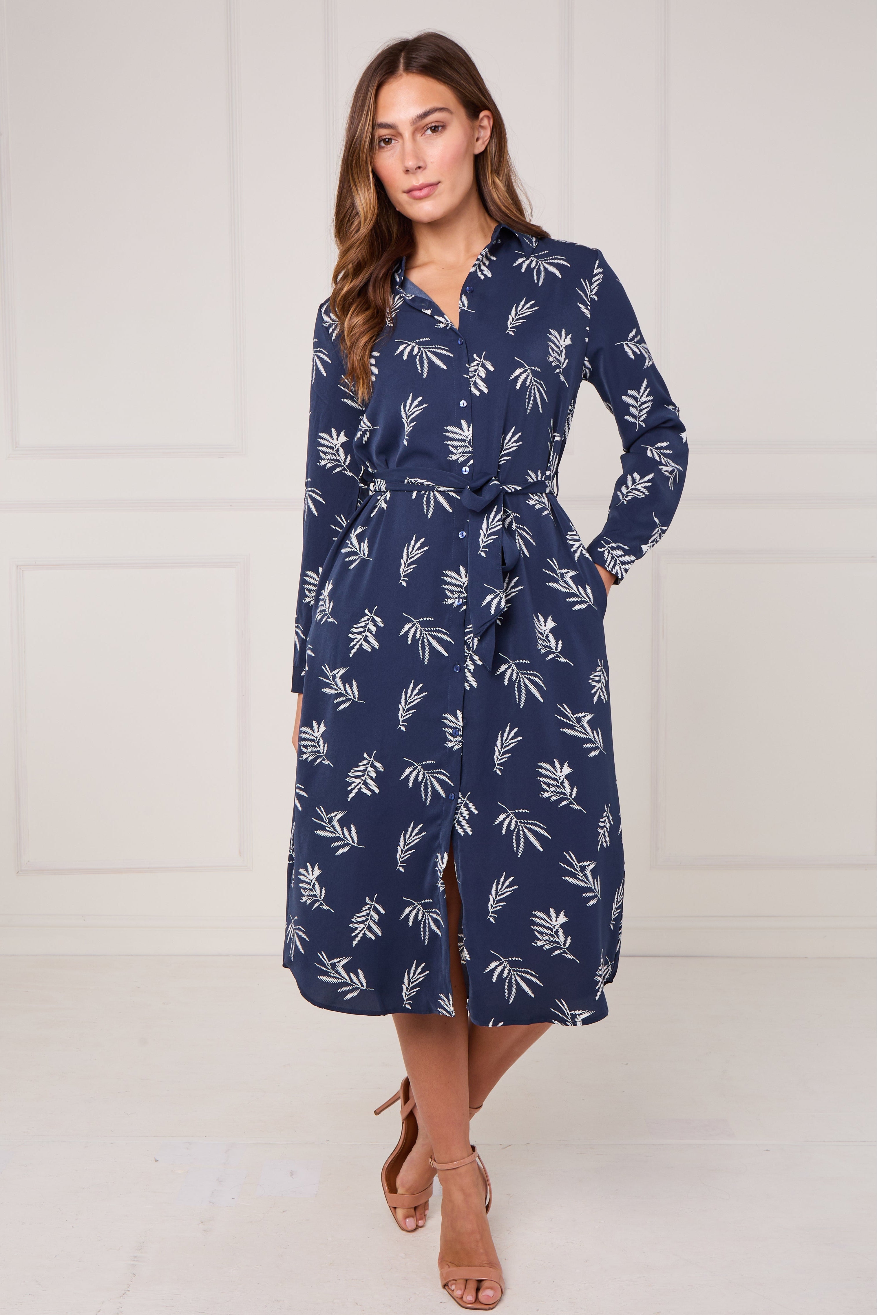 8Pcs Navy Stitched Leaf Print Midi Shirt Dress