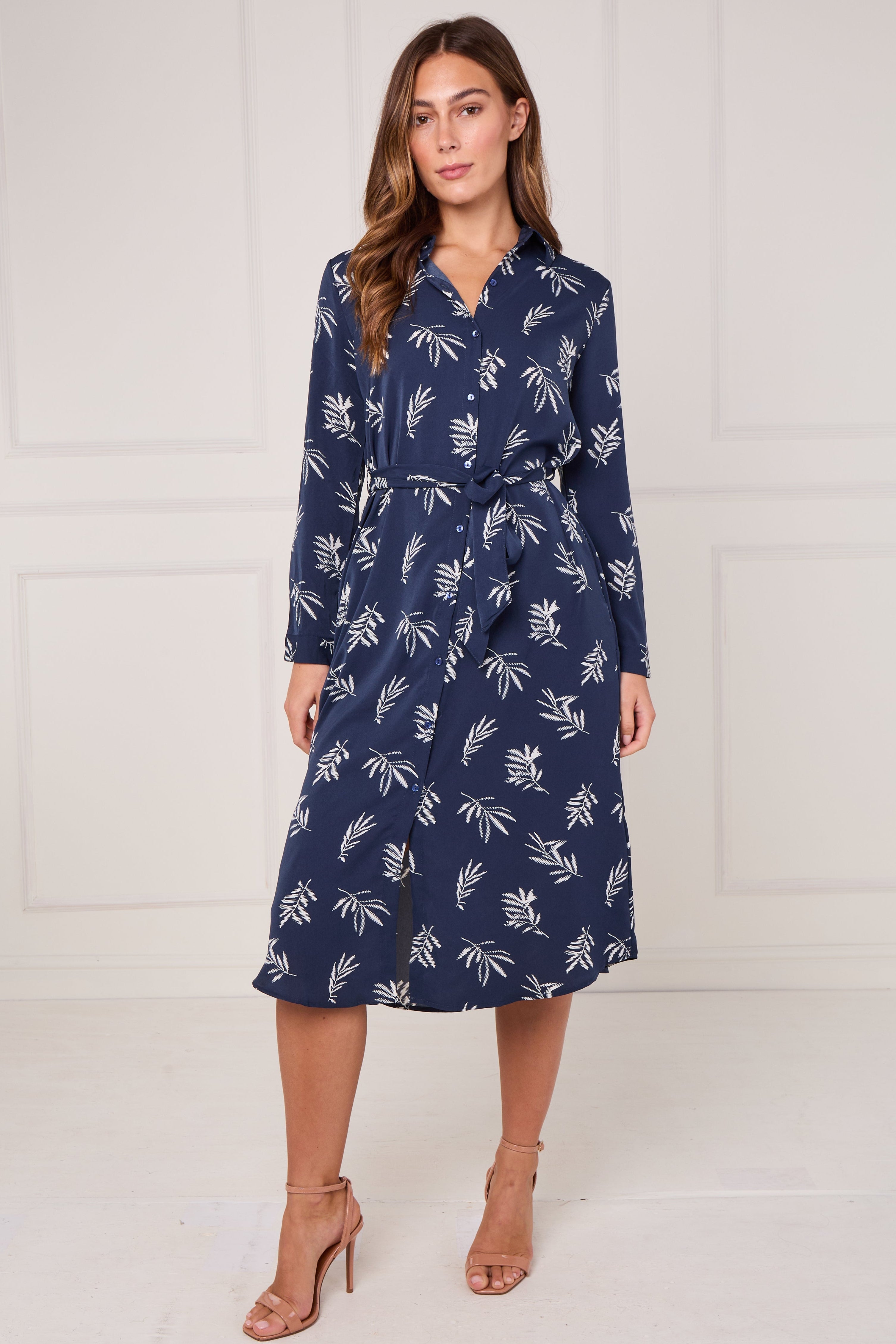 8Pcs Navy Stitched Leaf Print Midi Shirt Dress