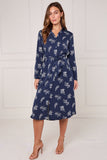 8Pcs Navy Stitched Leaf Print Midi Shirt Dress