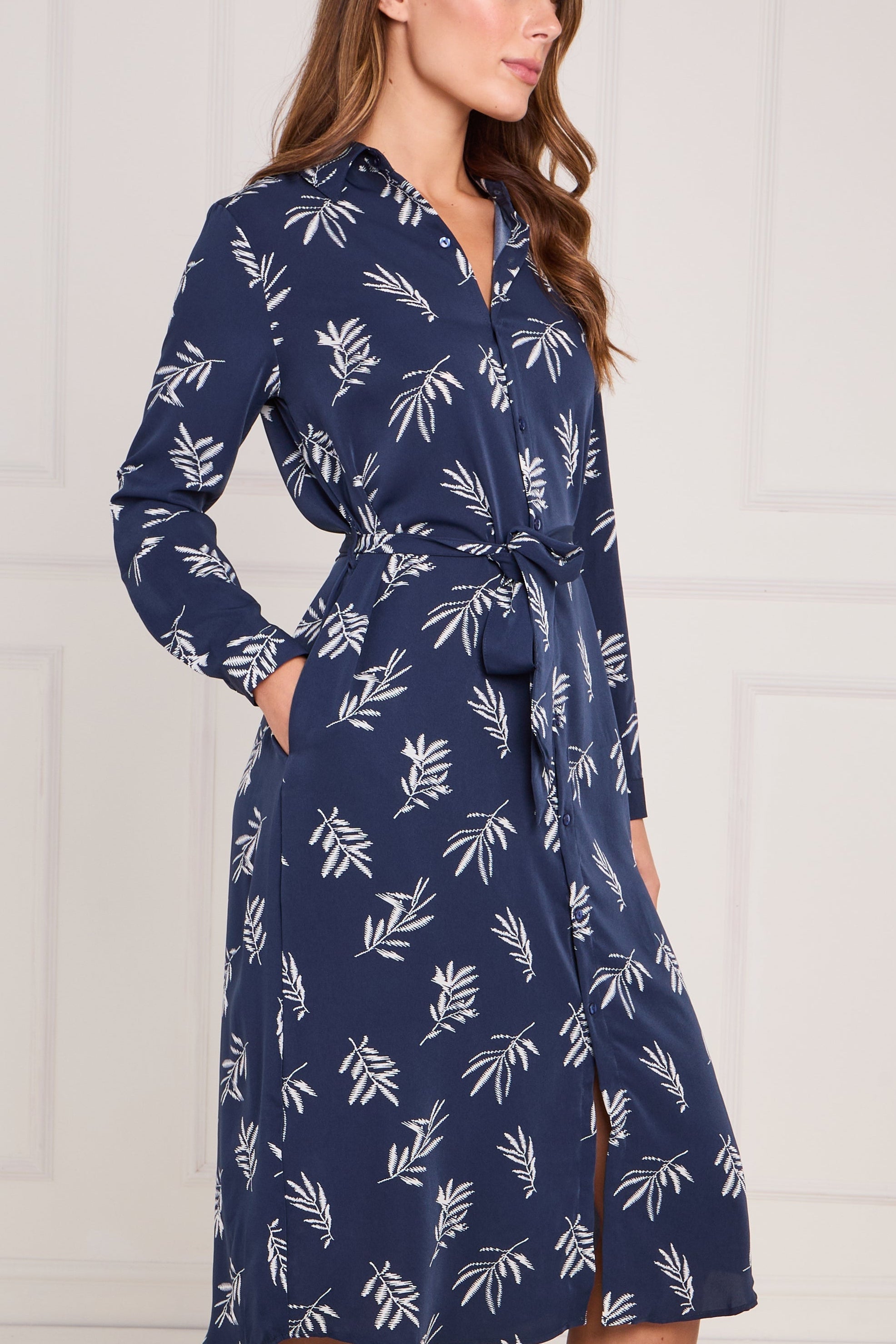 8Pcs Navy Stitched Leaf Print Midi Shirt Dress