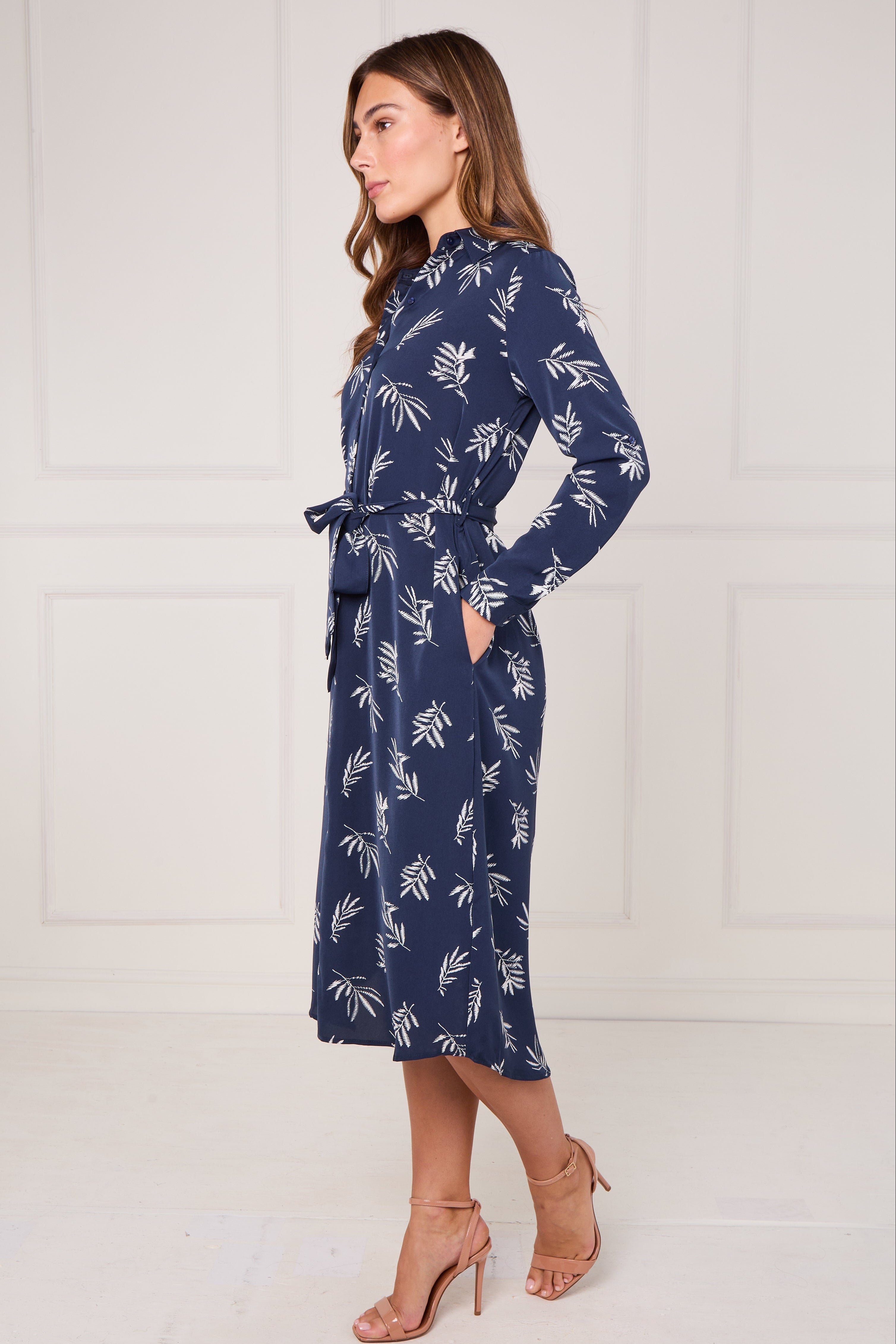 8Pcs Navy Stitched Leaf Print Midi Shirt Dress