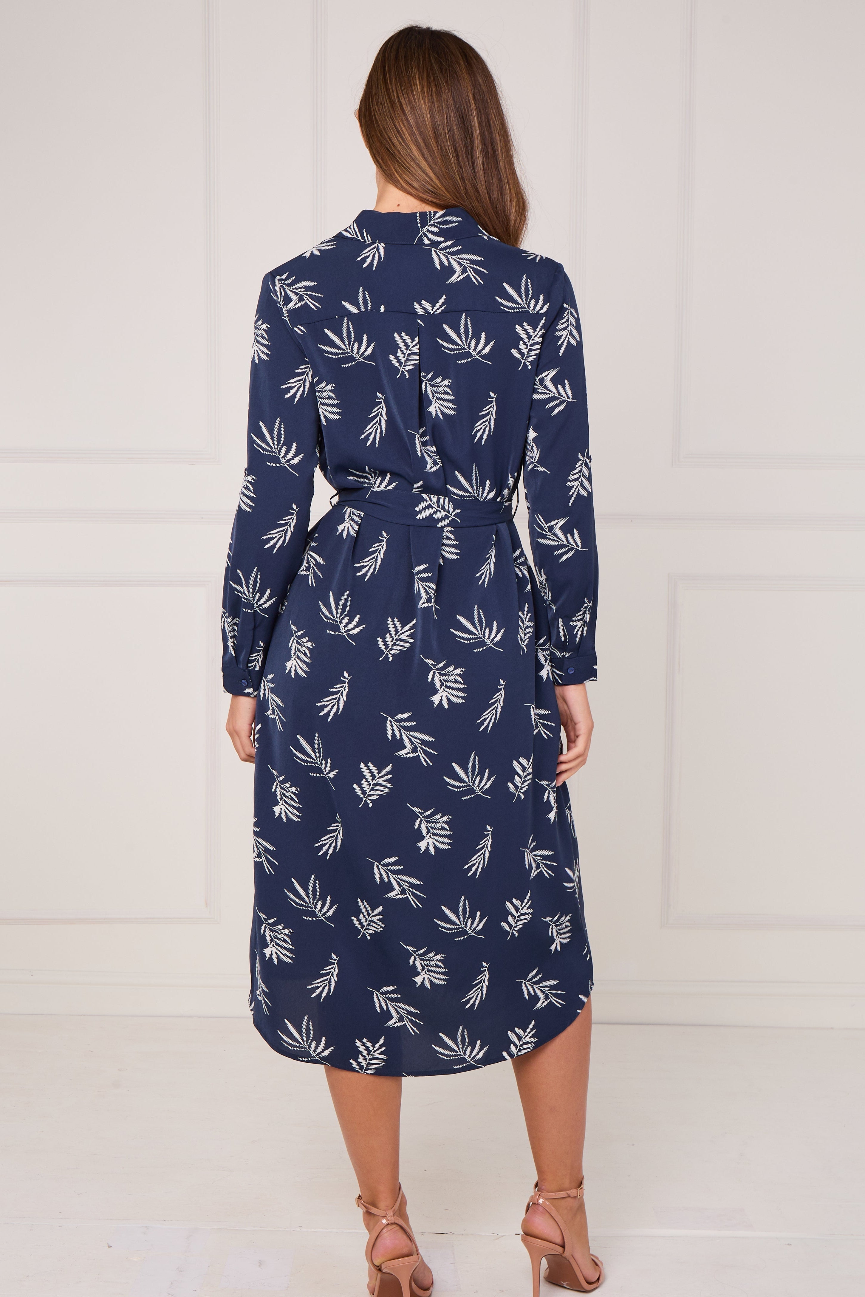 8Pcs Navy Stitched Leaf Print Midi Shirt Dress