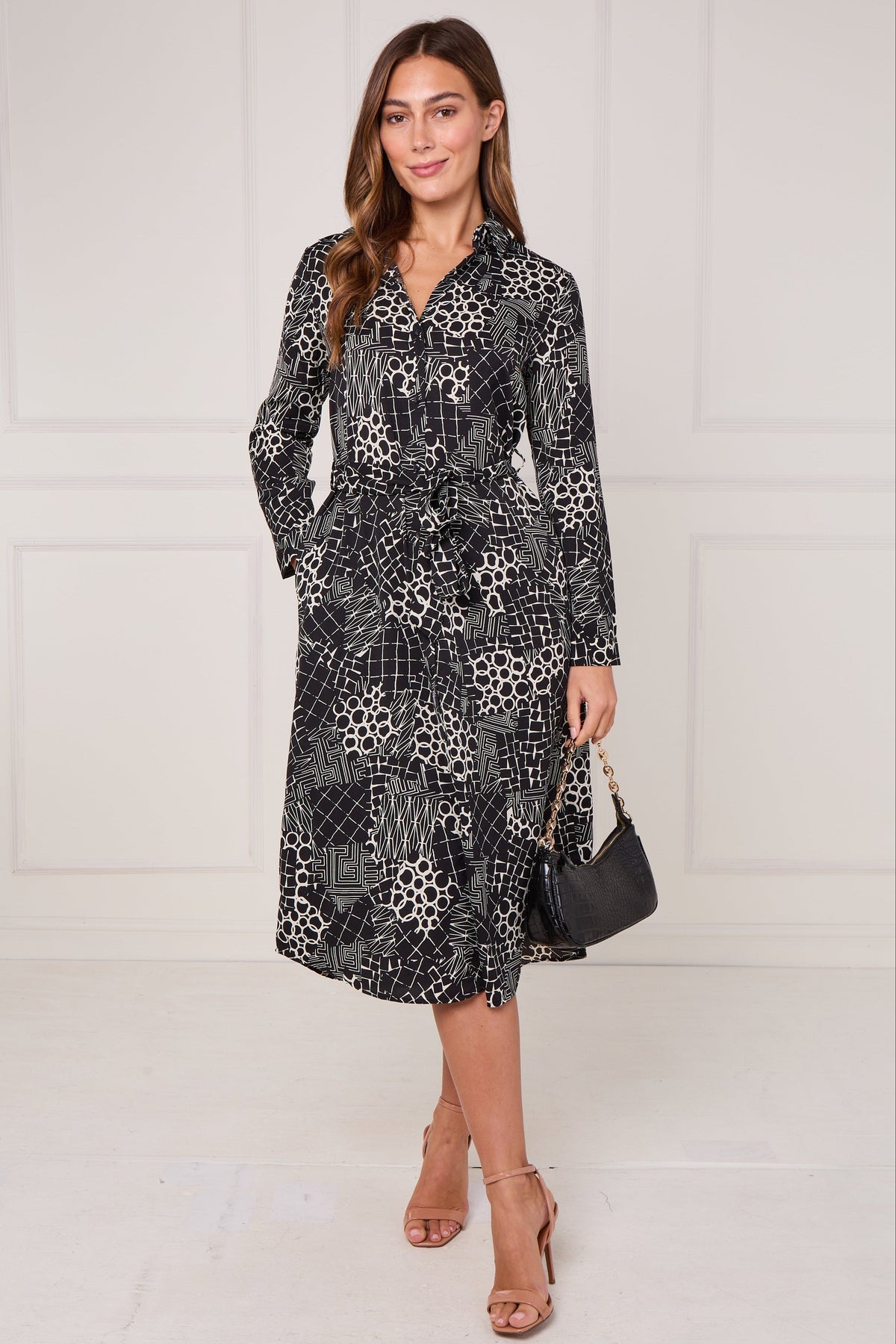 8Pcs Black Modern Patchwork Geo Print Midi Shirt Dress