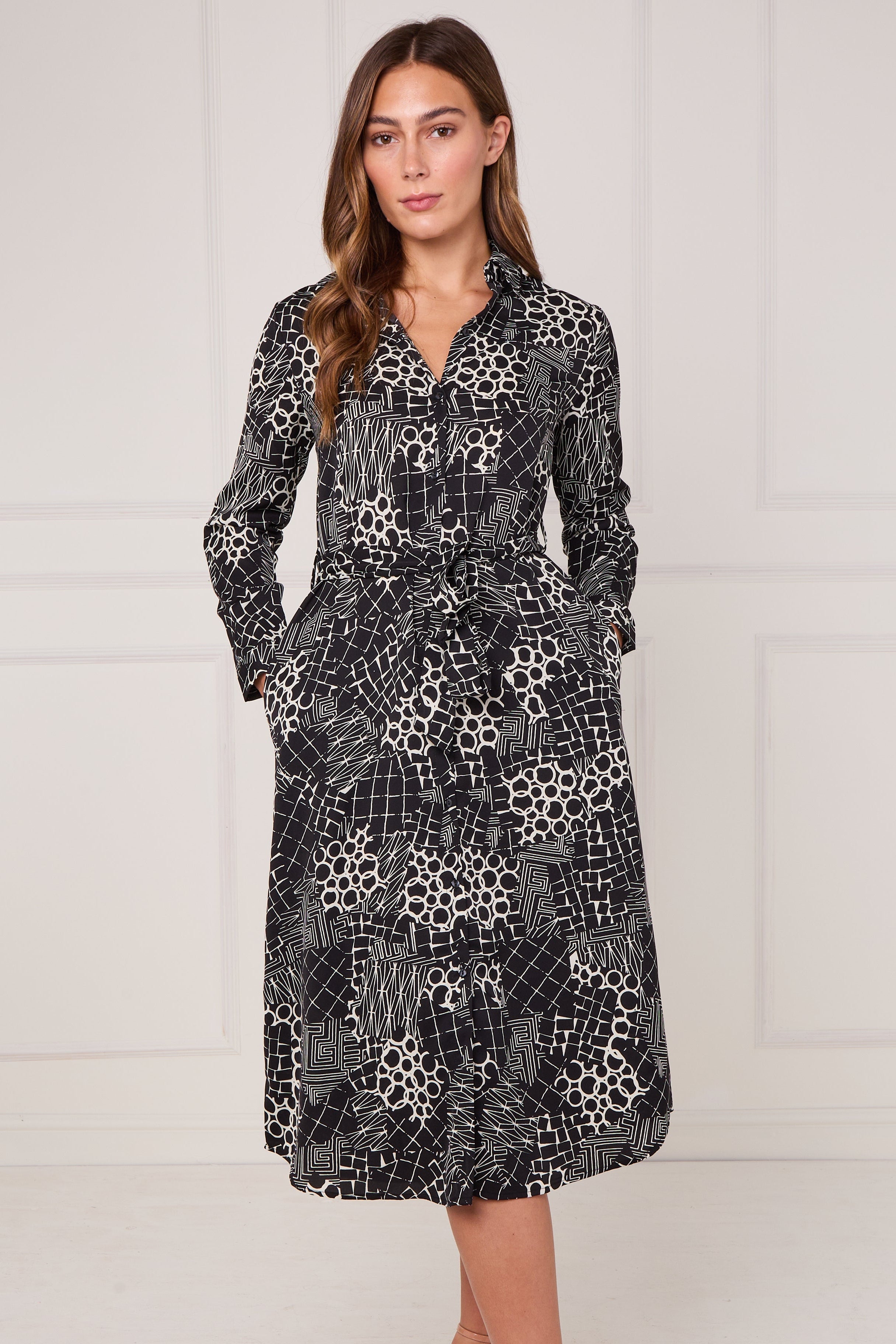 8Pcs Black Modern Patchwork Geo Print Midi Shirt Dress