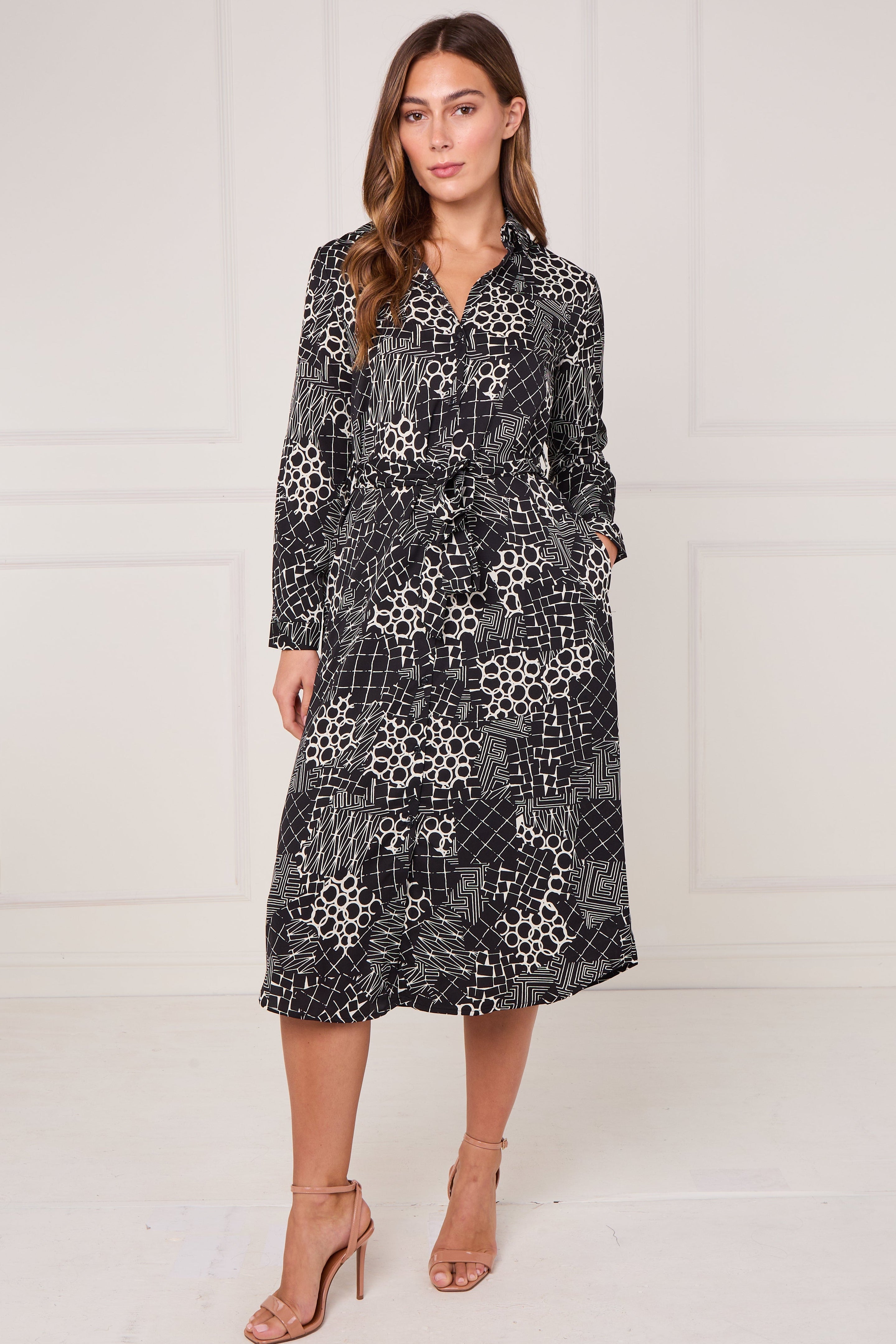 8Pcs Black Modern Patchwork Geo Print Midi Shirt Dress