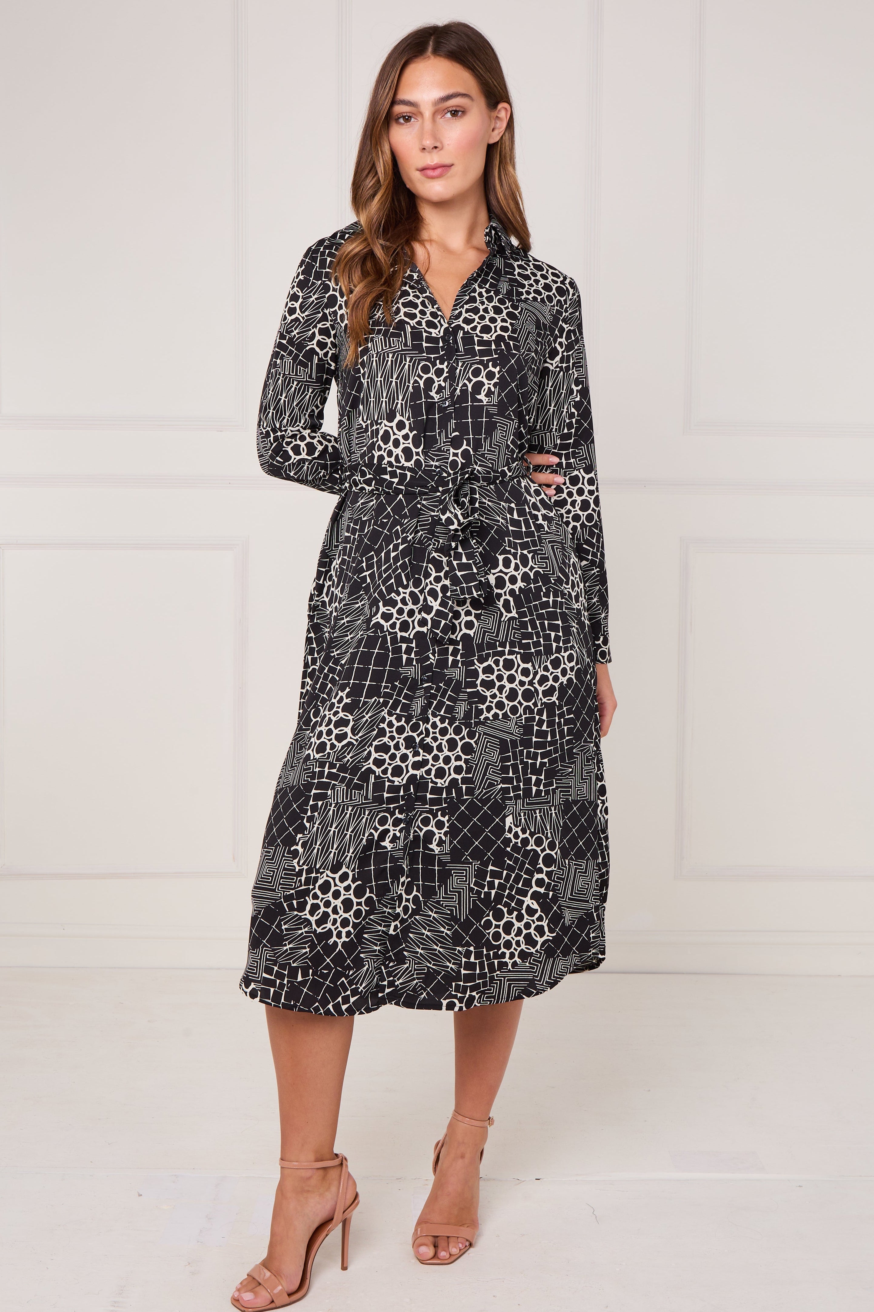 8Pcs Black Modern Patchwork Geo Print Midi Shirt Dress