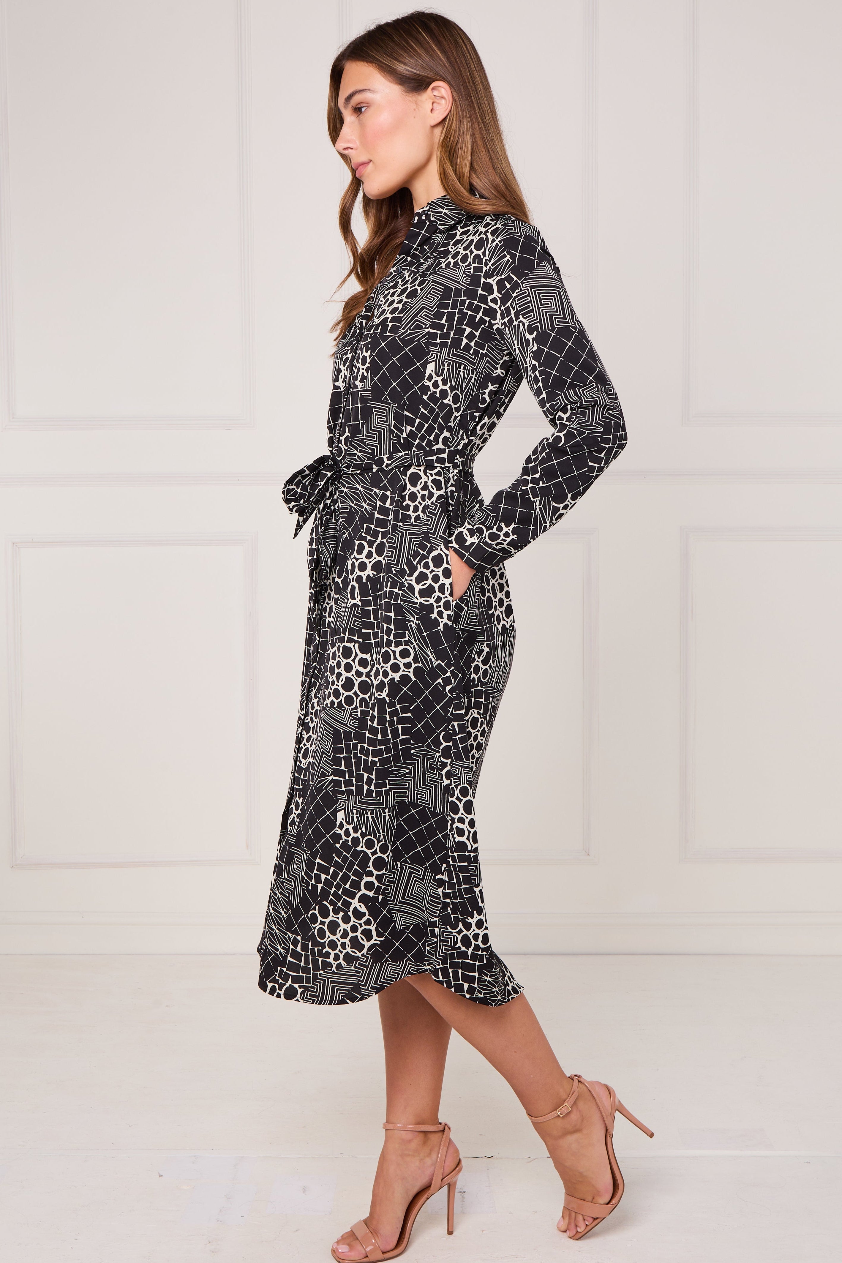 8Pcs Black Modern Patchwork Geo Print Midi Shirt Dress