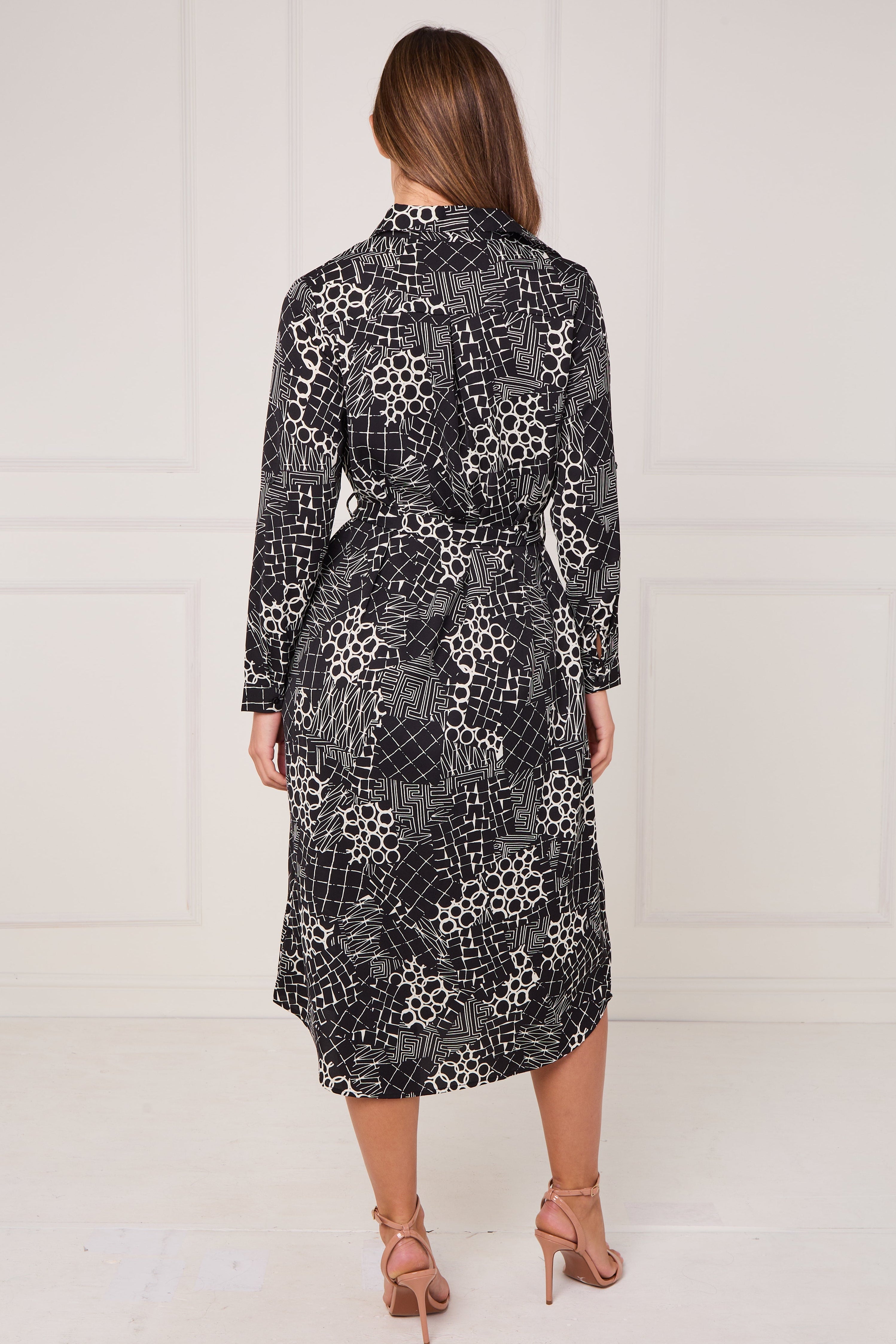 8Pcs Black Modern Patchwork Geo Print Midi Shirt Dress