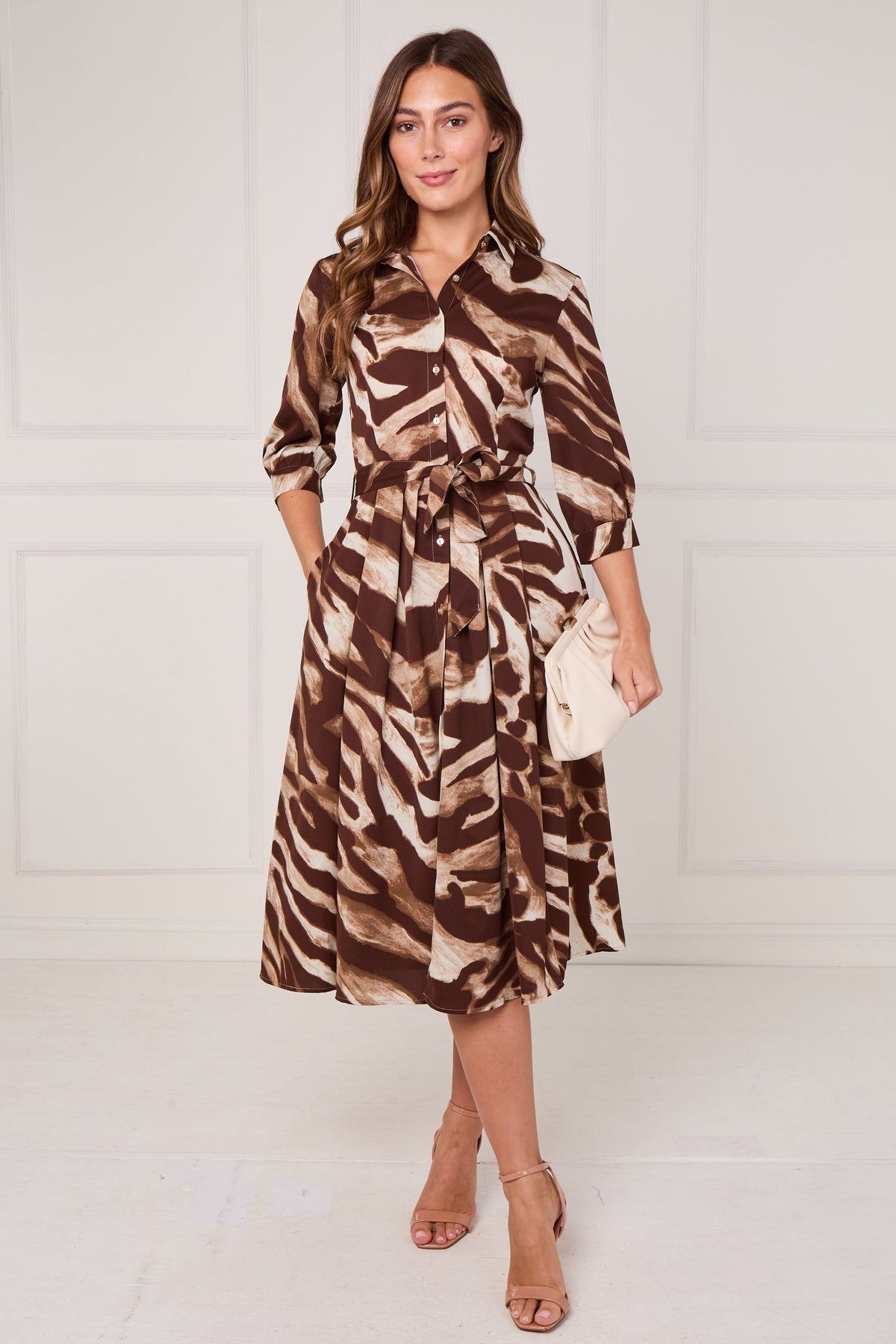8pcs Brown Brushstroke Print Half Sleeve Midi Shirt Dress