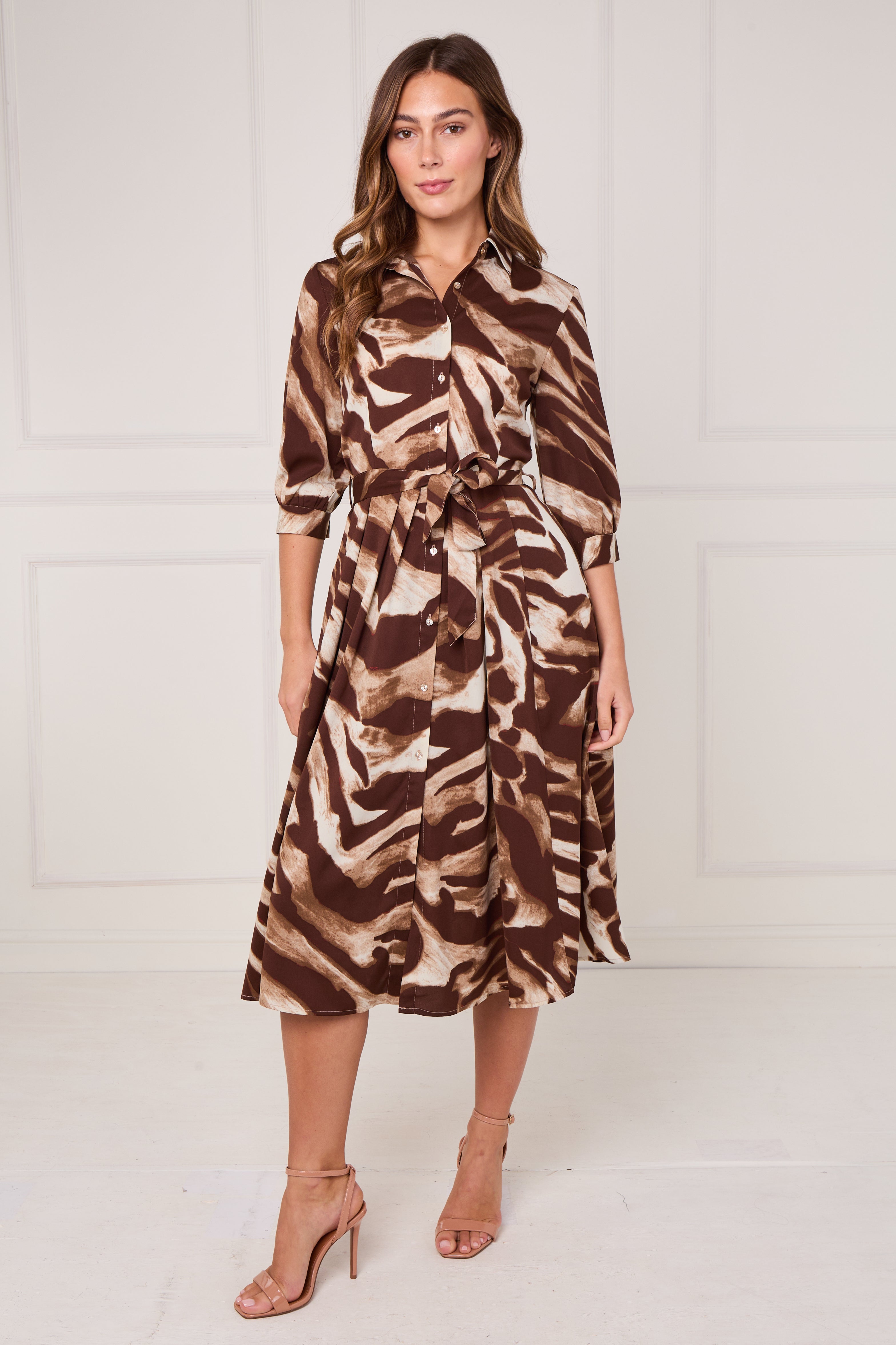 8pcs Brown Brushstroke Print Half Sleeve Midi Shirt Dress