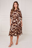 8pcs Brown Brushstroke Print Half Sleeve Midi Shirt Dress