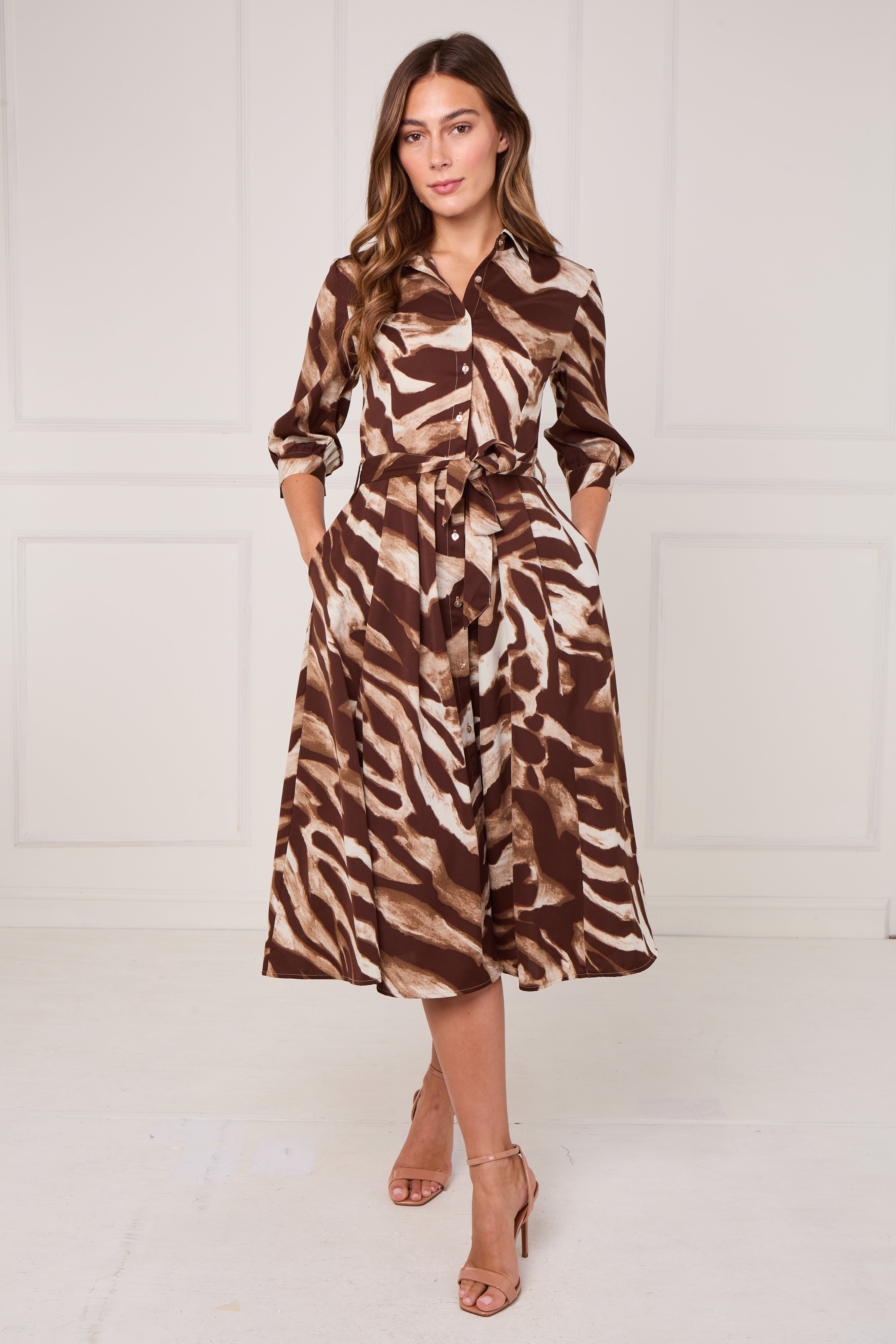 8pcs Brown Brushstroke Print Half Sleeve Midi Shirt Dress