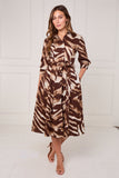 8pcs Brown Brushstroke Print Half Sleeve Midi Shirt Dress
