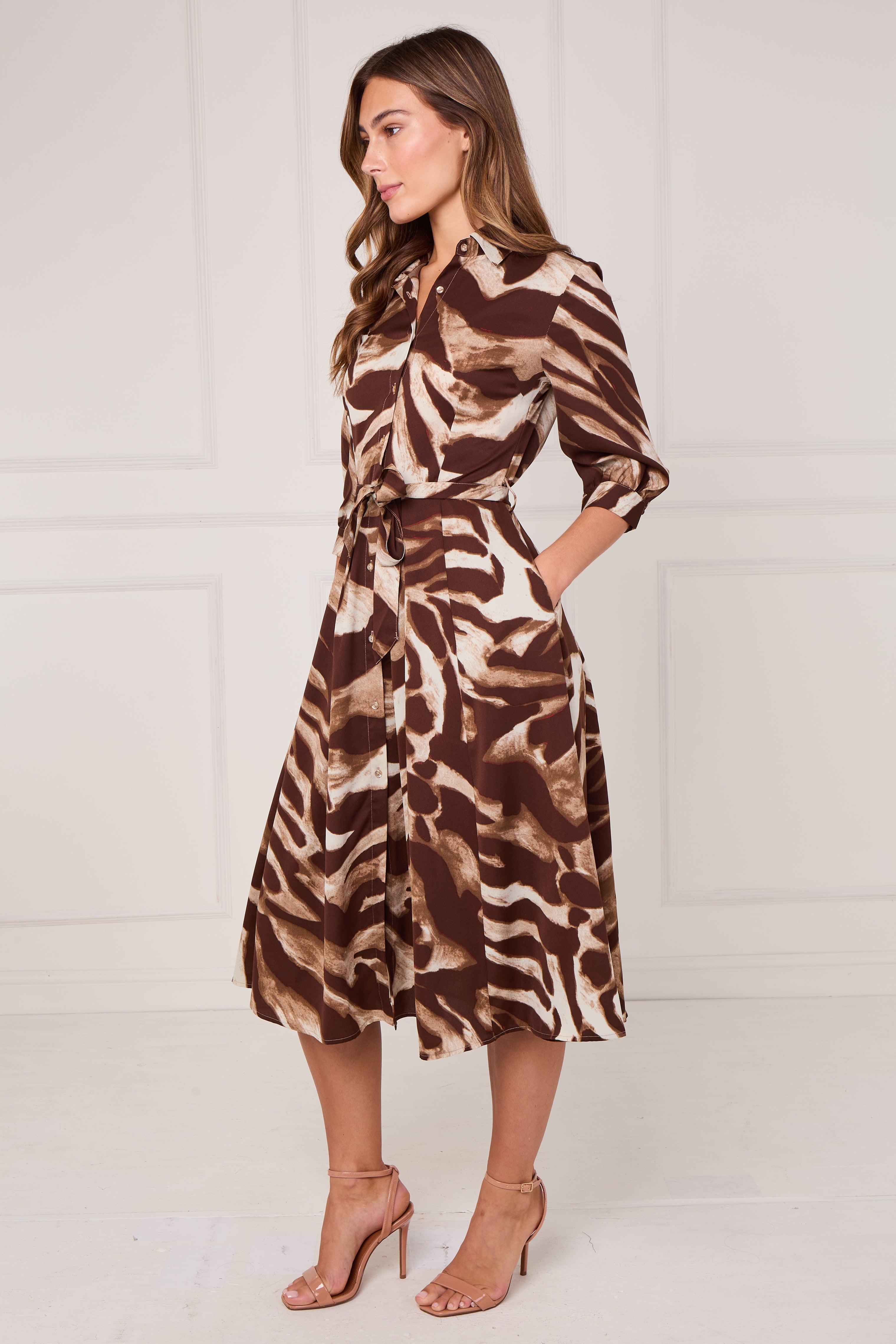 8pcs Brown Brushstroke Print Half Sleeve Midi Shirt Dress