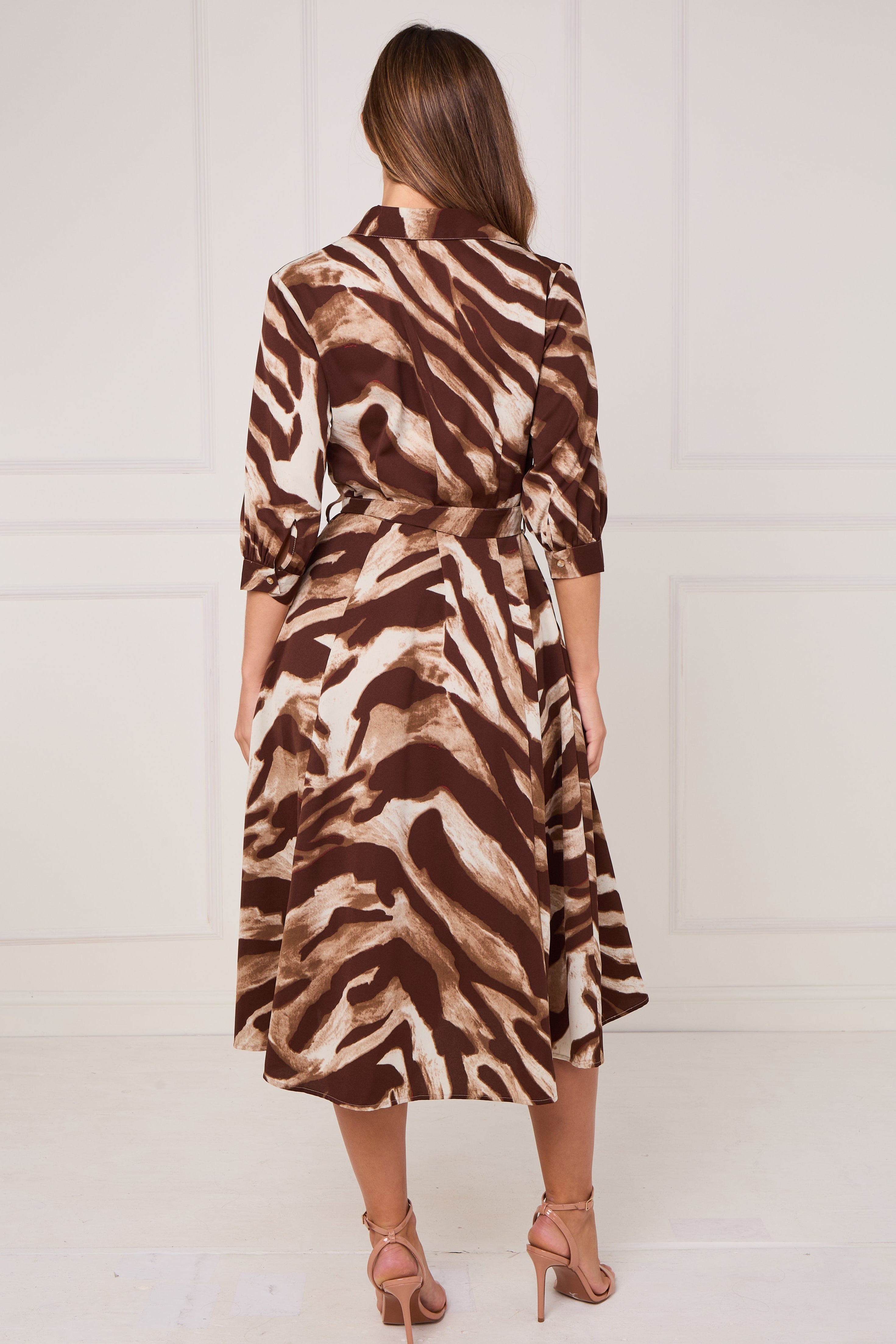8pcs Brown Brushstroke Print Half Sleeve Midi Shirt Dress