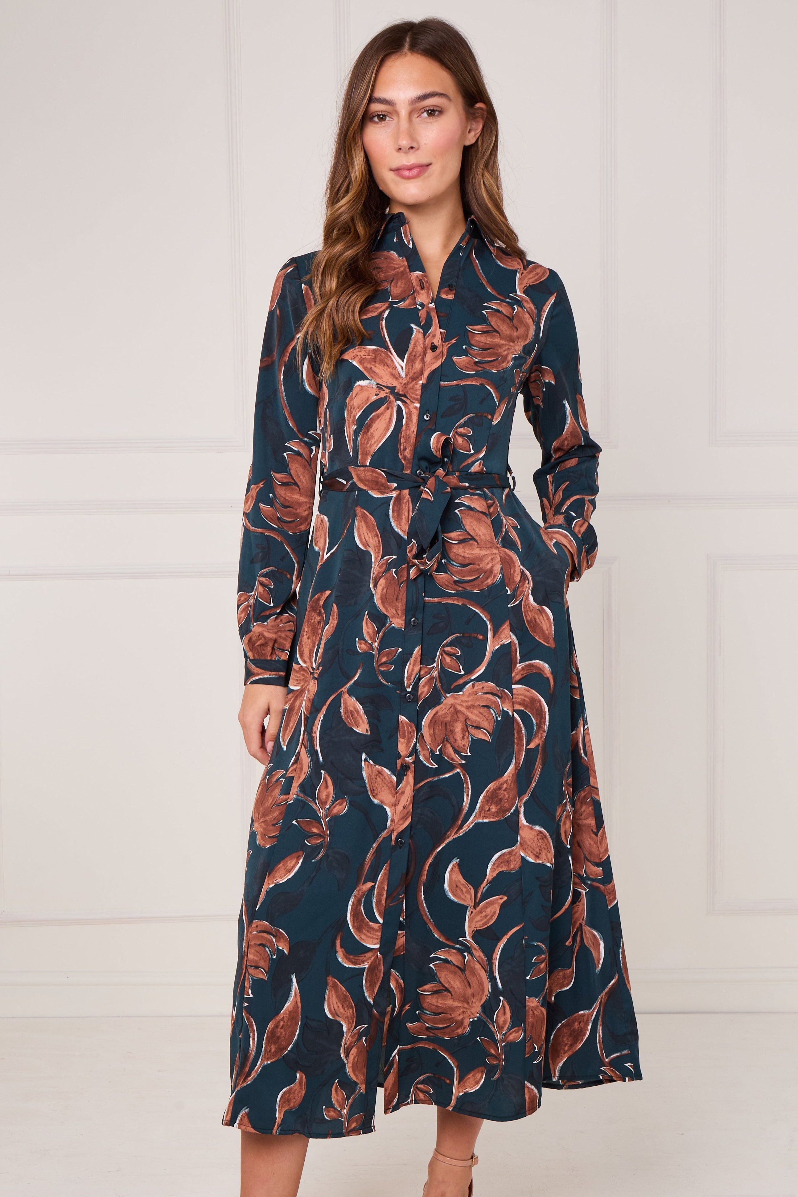 8Pcs Teal and Chestnut Floral Print Maxi Shirt Dress