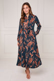 8Pcs Teal and Chestnut Floral Print Maxi Shirt Dress