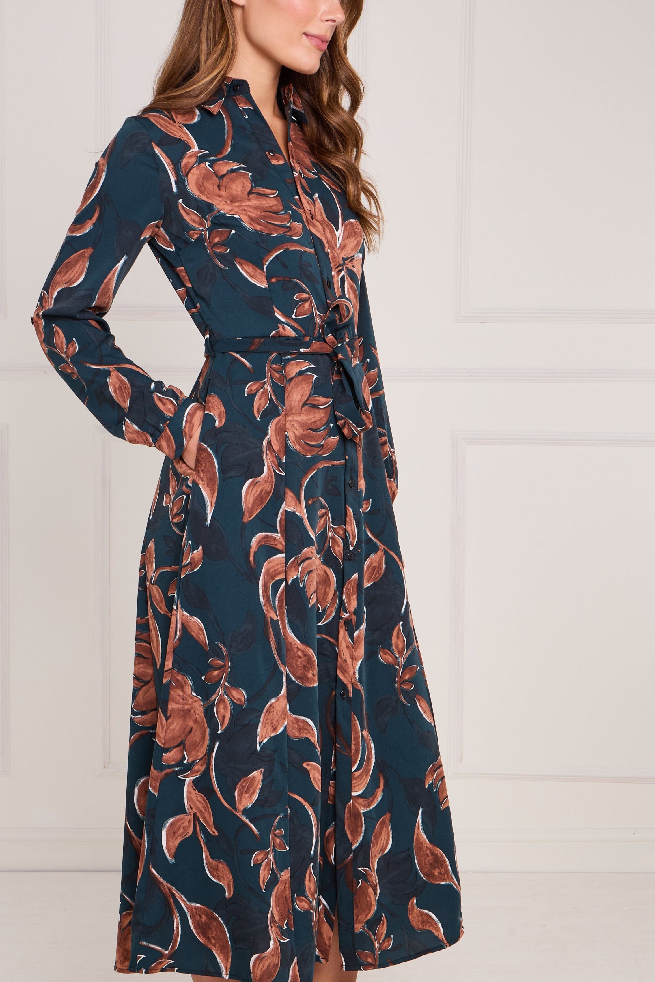 8Pcs Teal and Chestnut Floral Print Maxi Shirt Dress