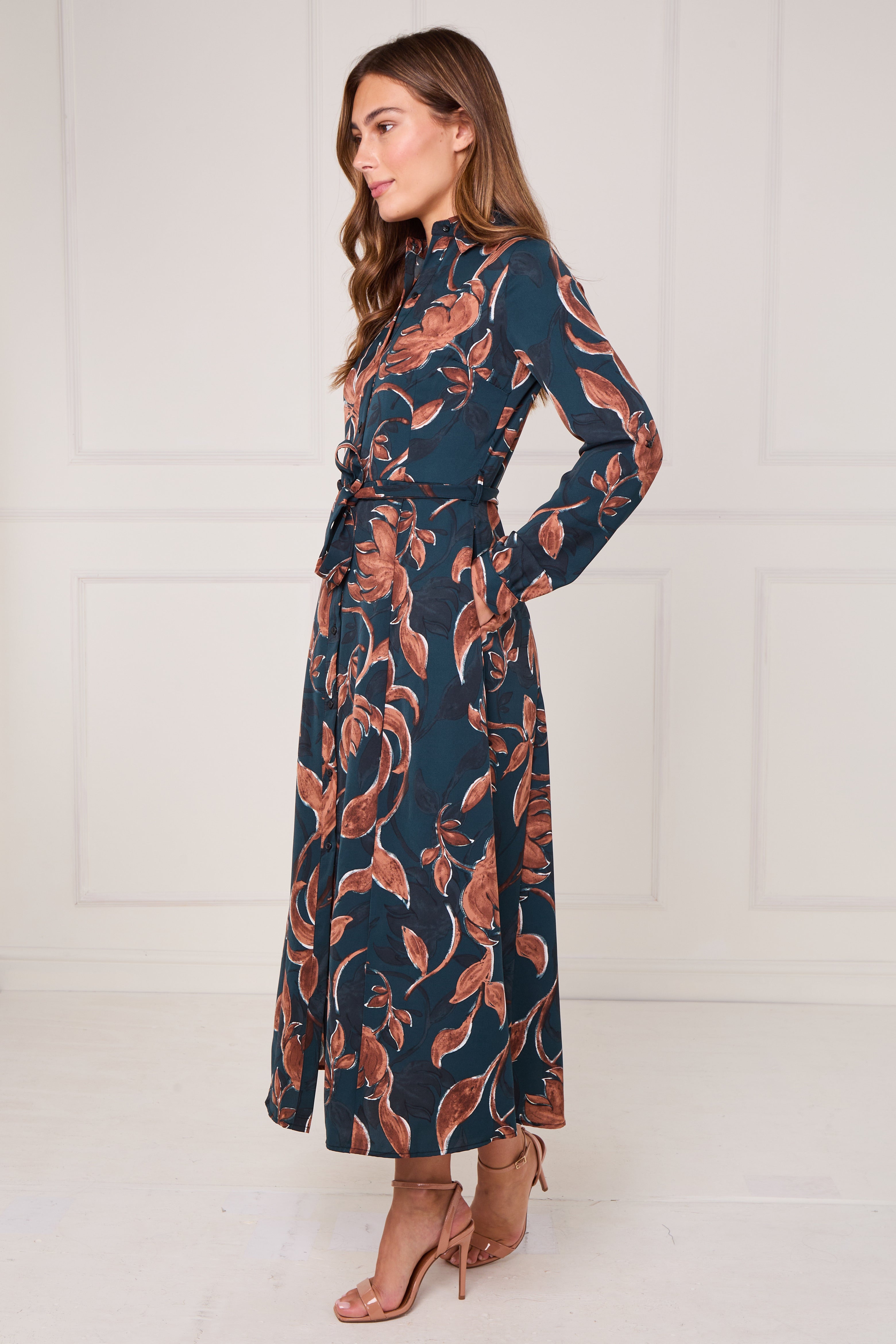 8Pcs Teal and Chestnut Floral Print Maxi Shirt Dress