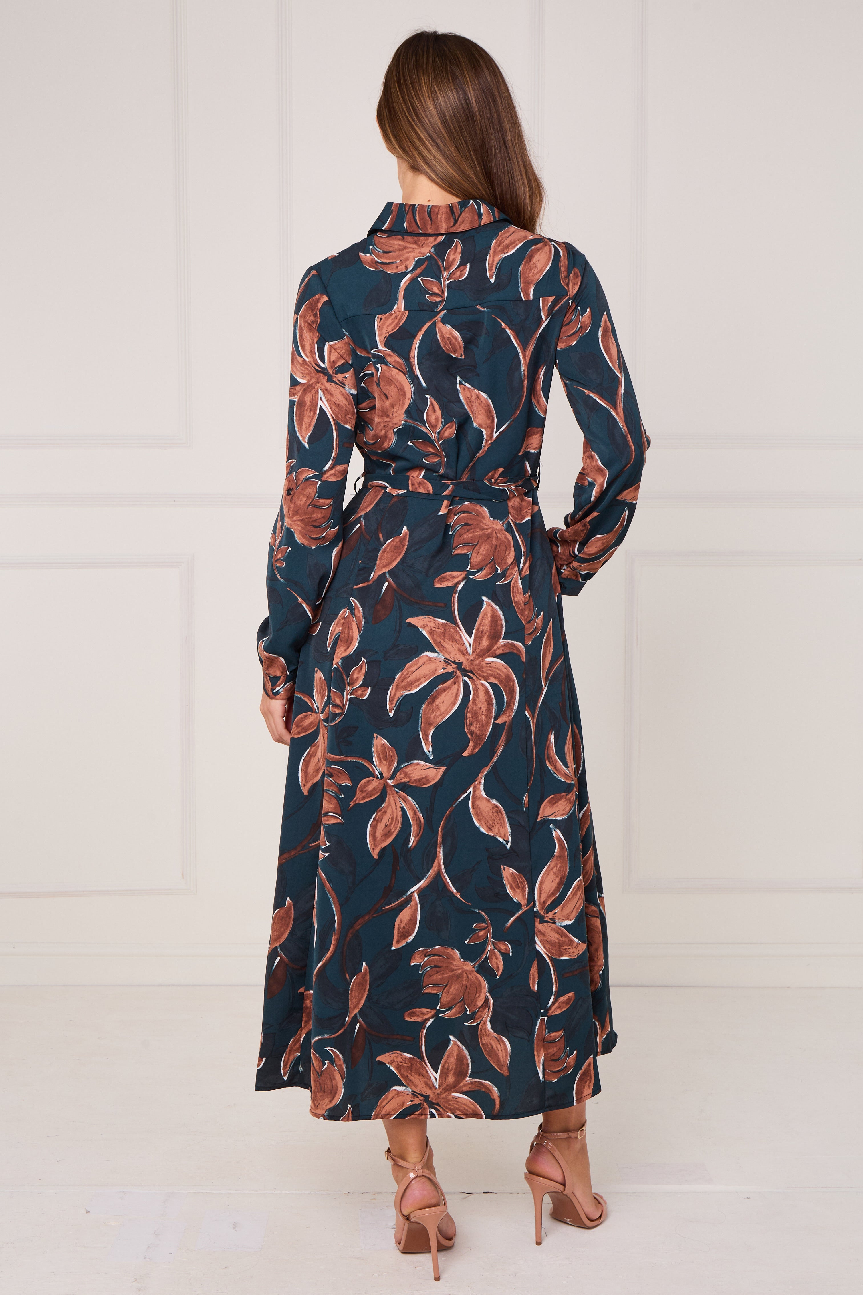 8Pcs Teal and Chestnut Floral Print Maxi Shirt Dress