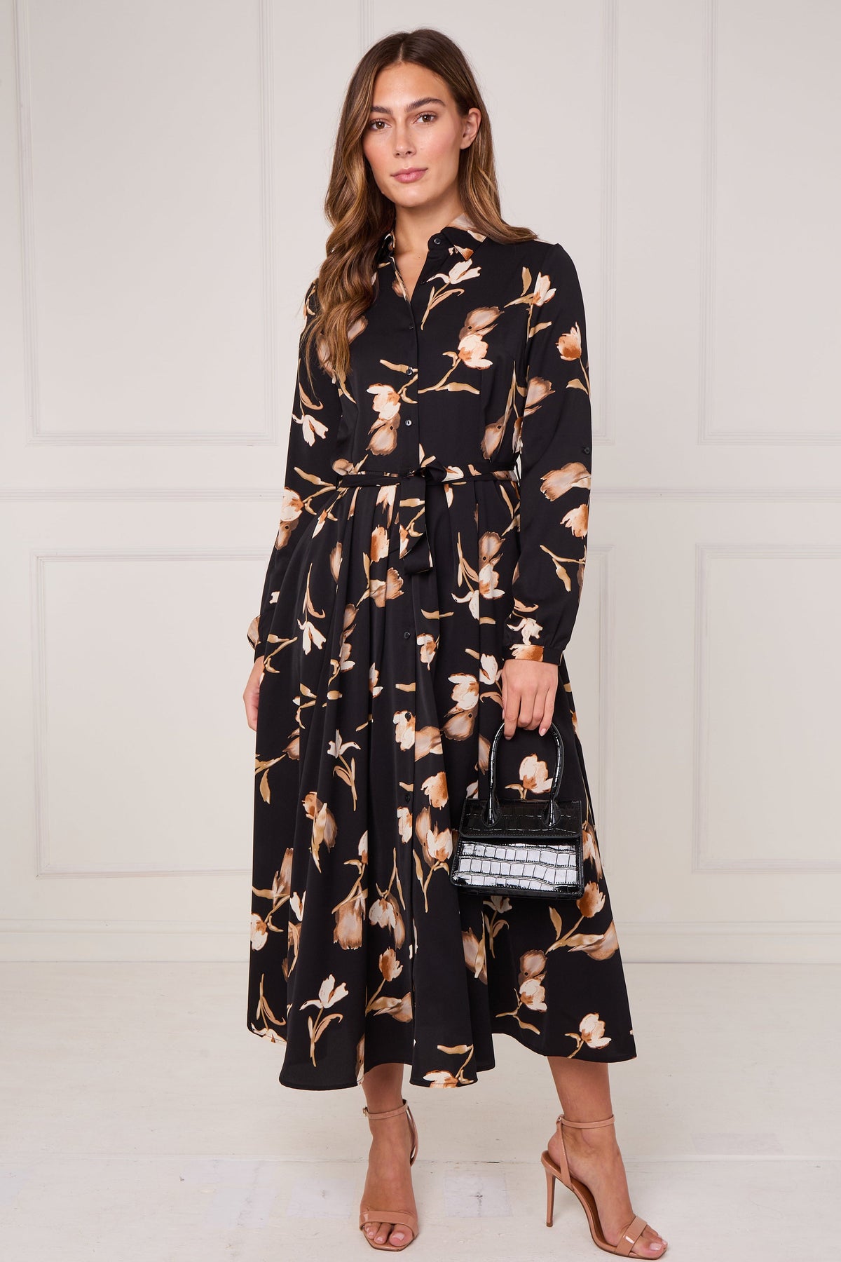 8pcs Black Soft Bloom Print Midaxi Shirt Dress