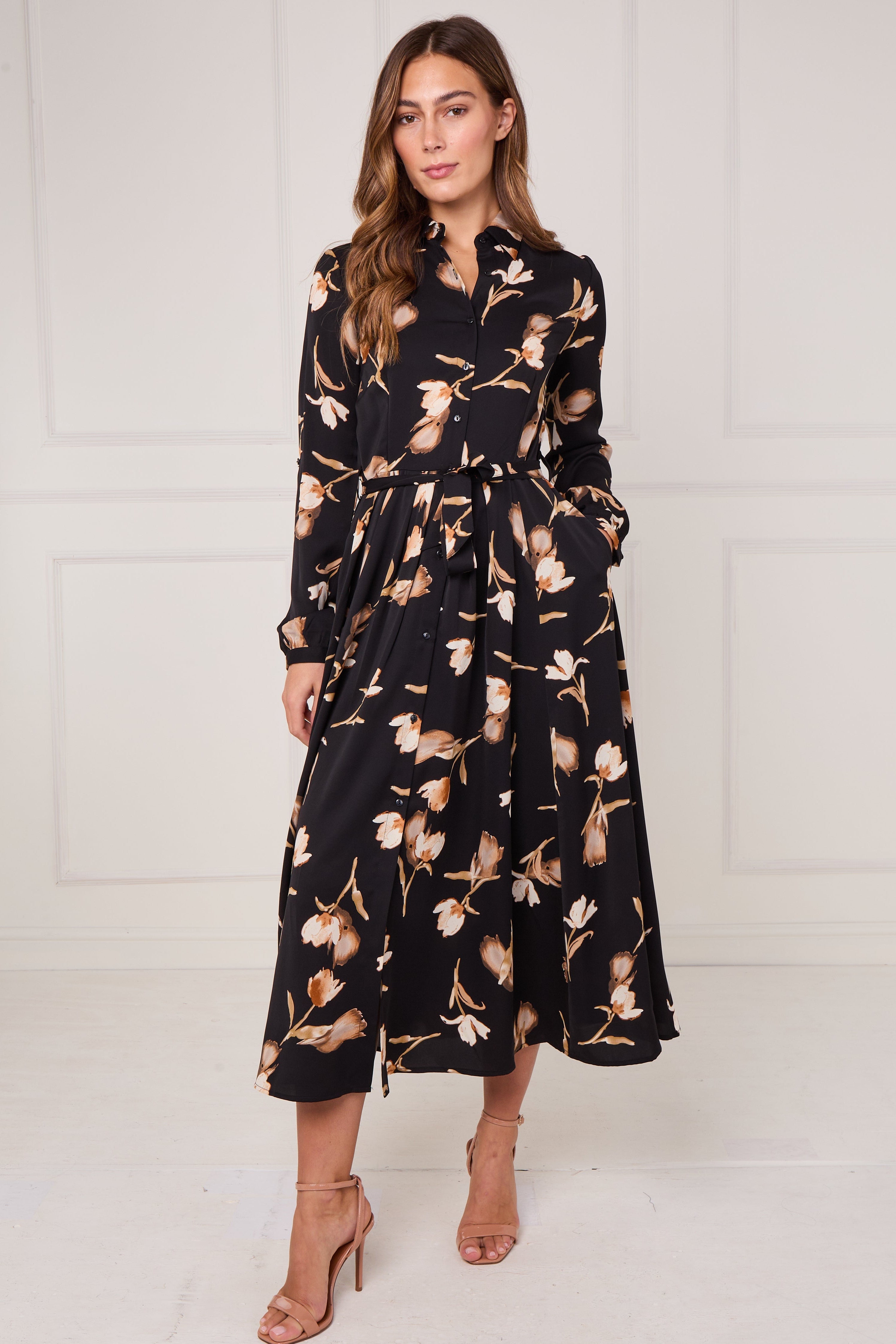 8pcs Black Soft Bloom Print Midaxi Shirt Dress