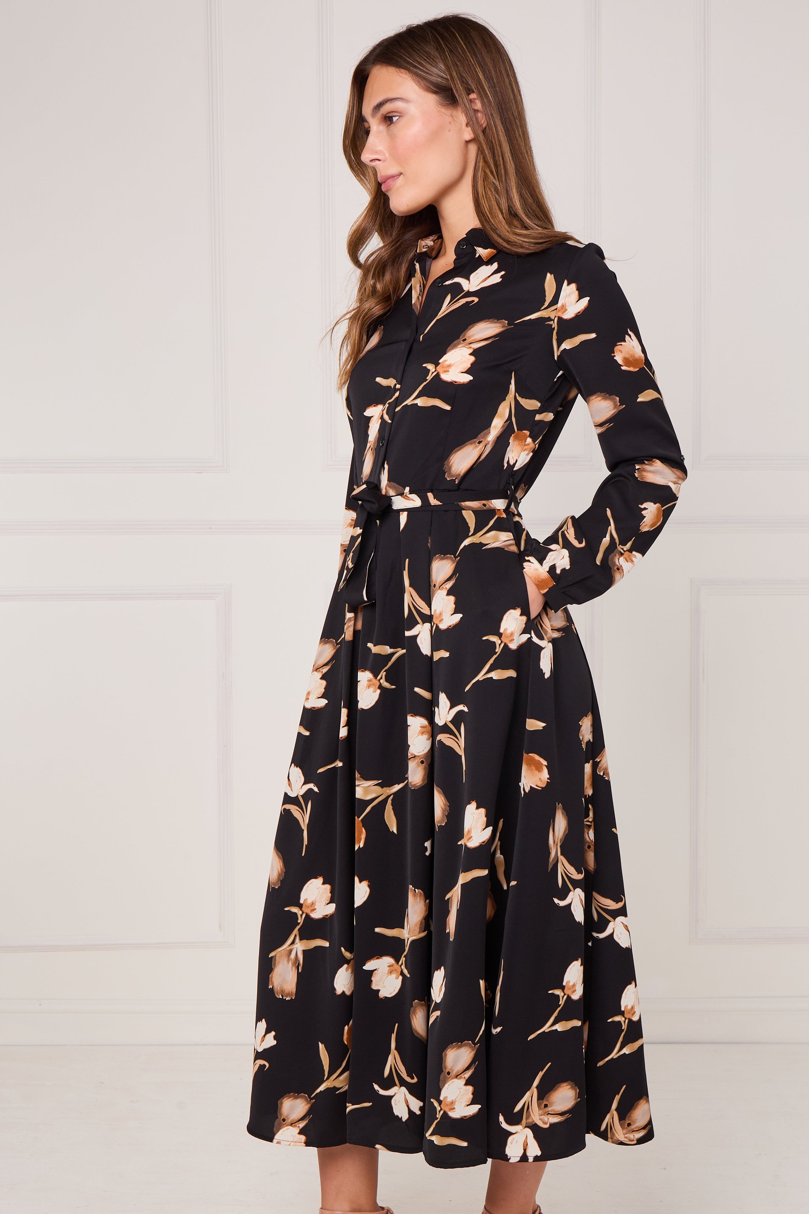 8pcs Black Soft Bloom Print Midaxi Shirt Dress