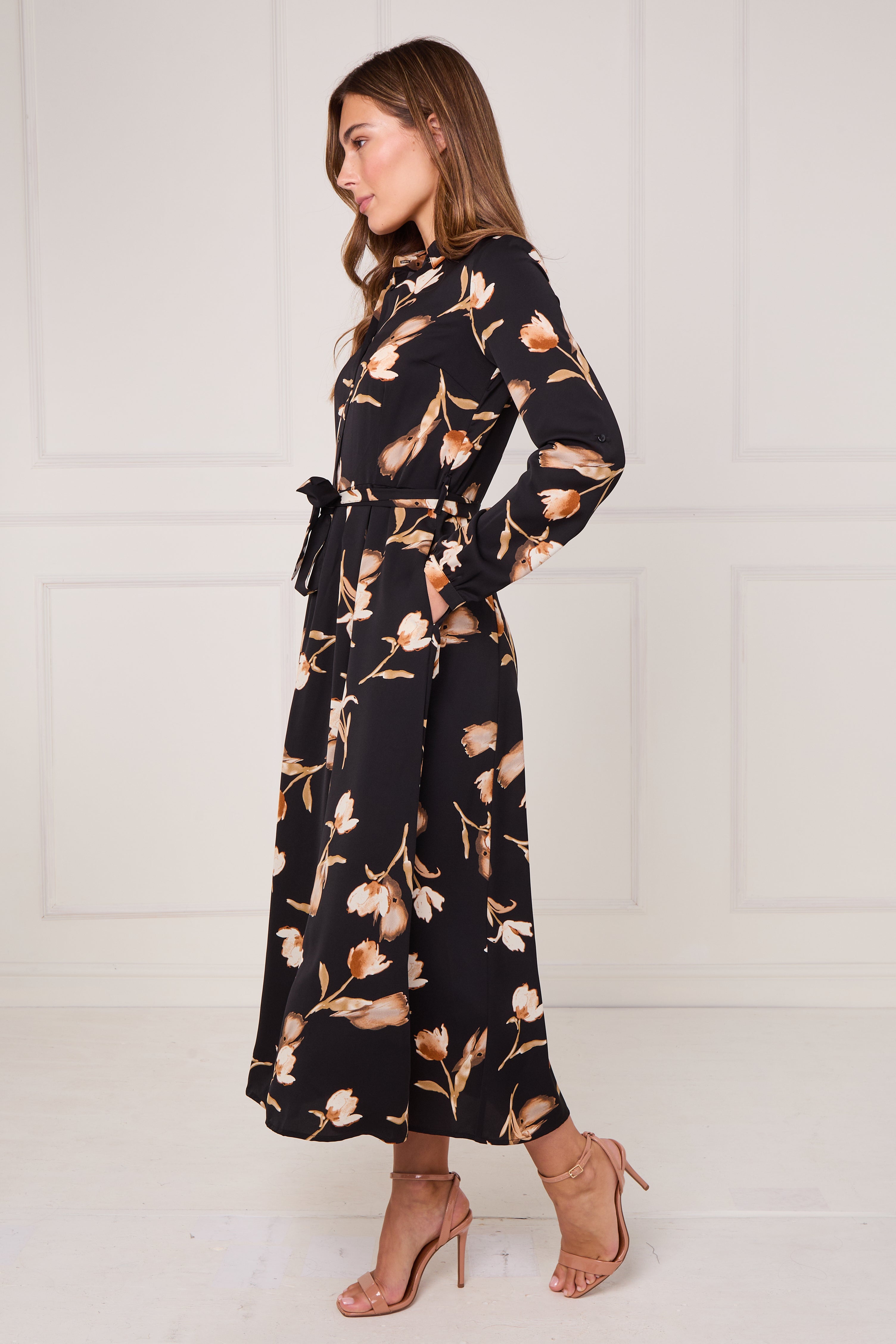 8pcs Black Soft Bloom Print Midaxi Shirt Dress