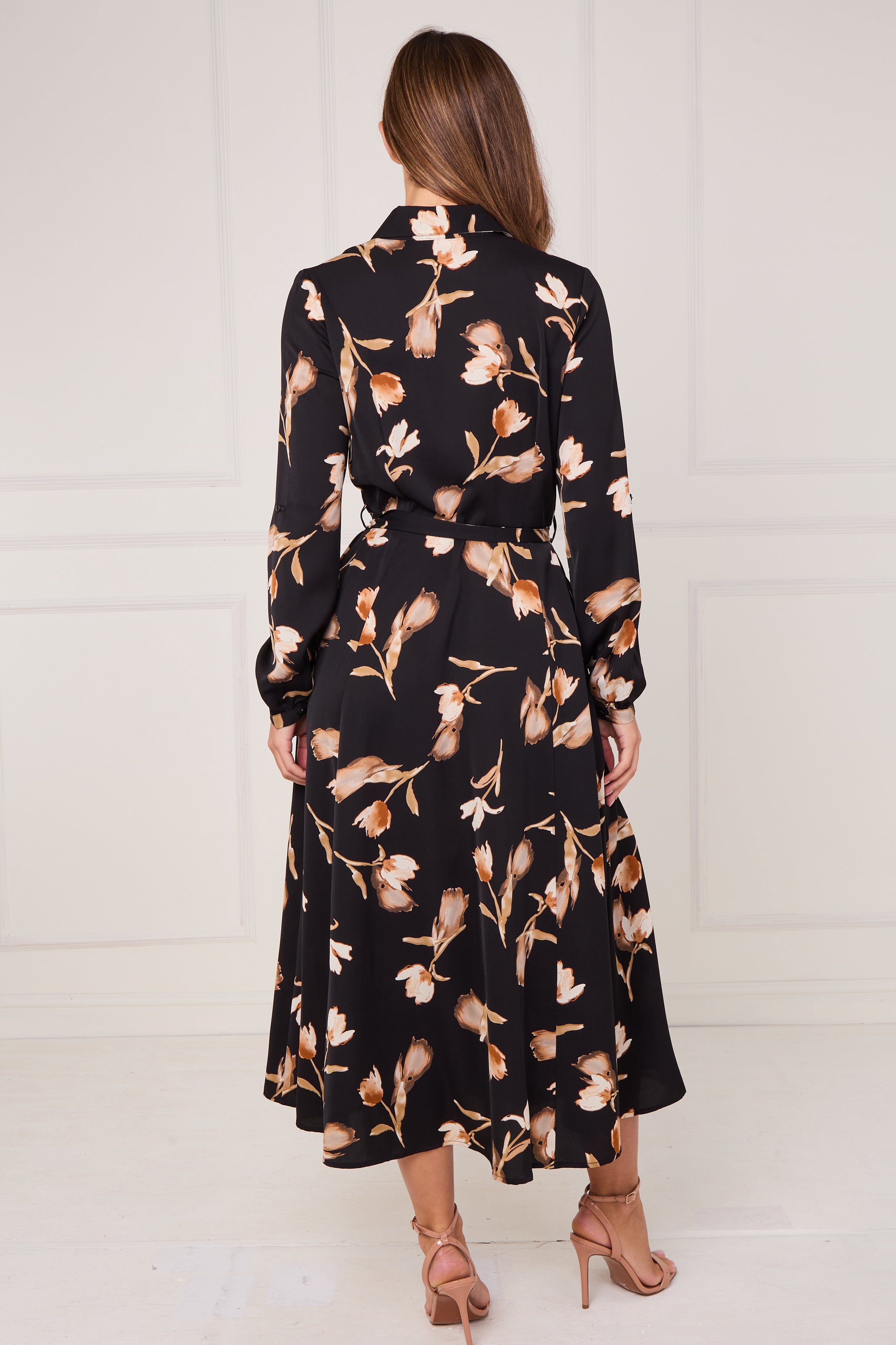 8pcs Black Soft Bloom Print Midaxi Shirt Dress