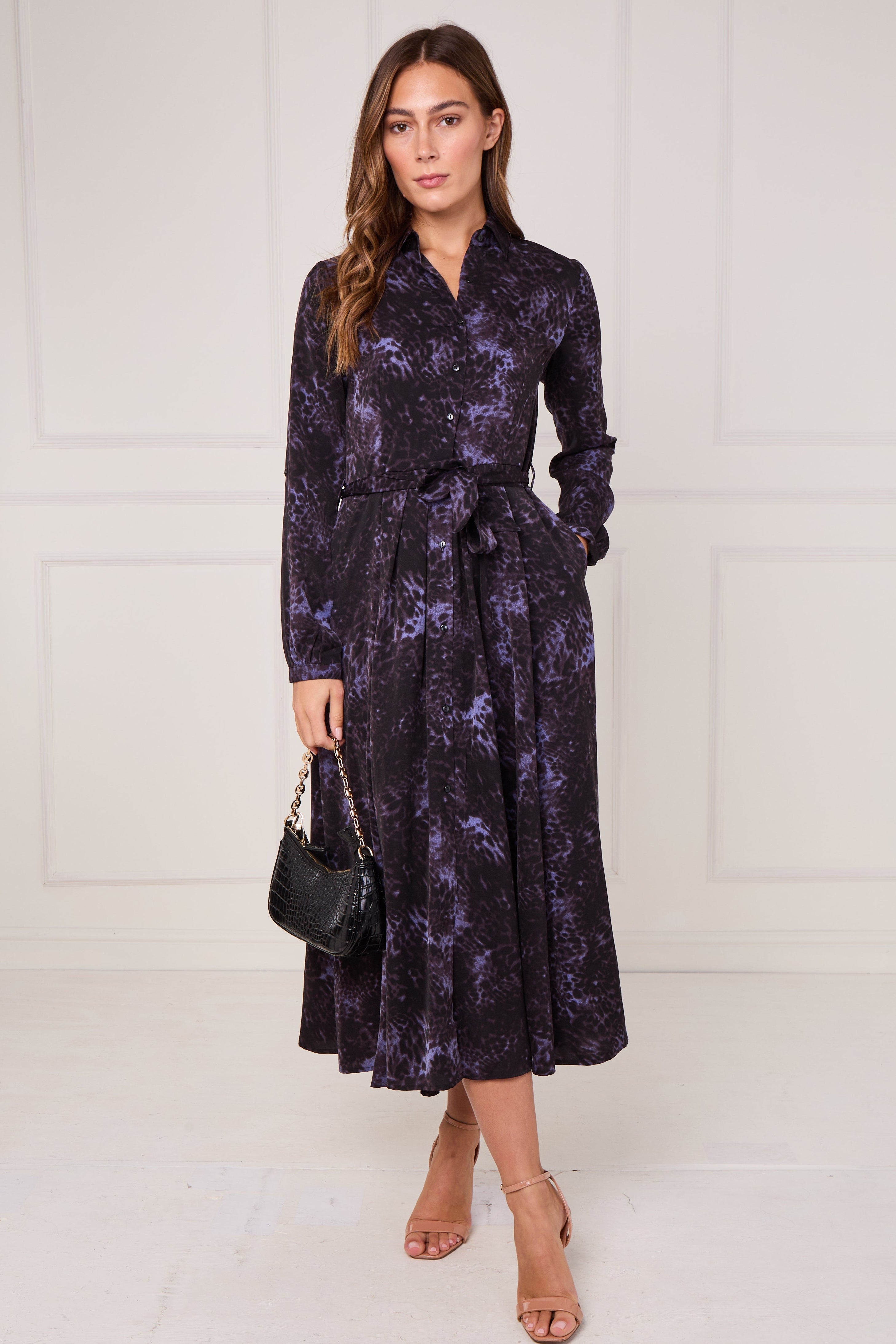 8pcs Black Violet Leopard Print Midaxi Shirt Dress